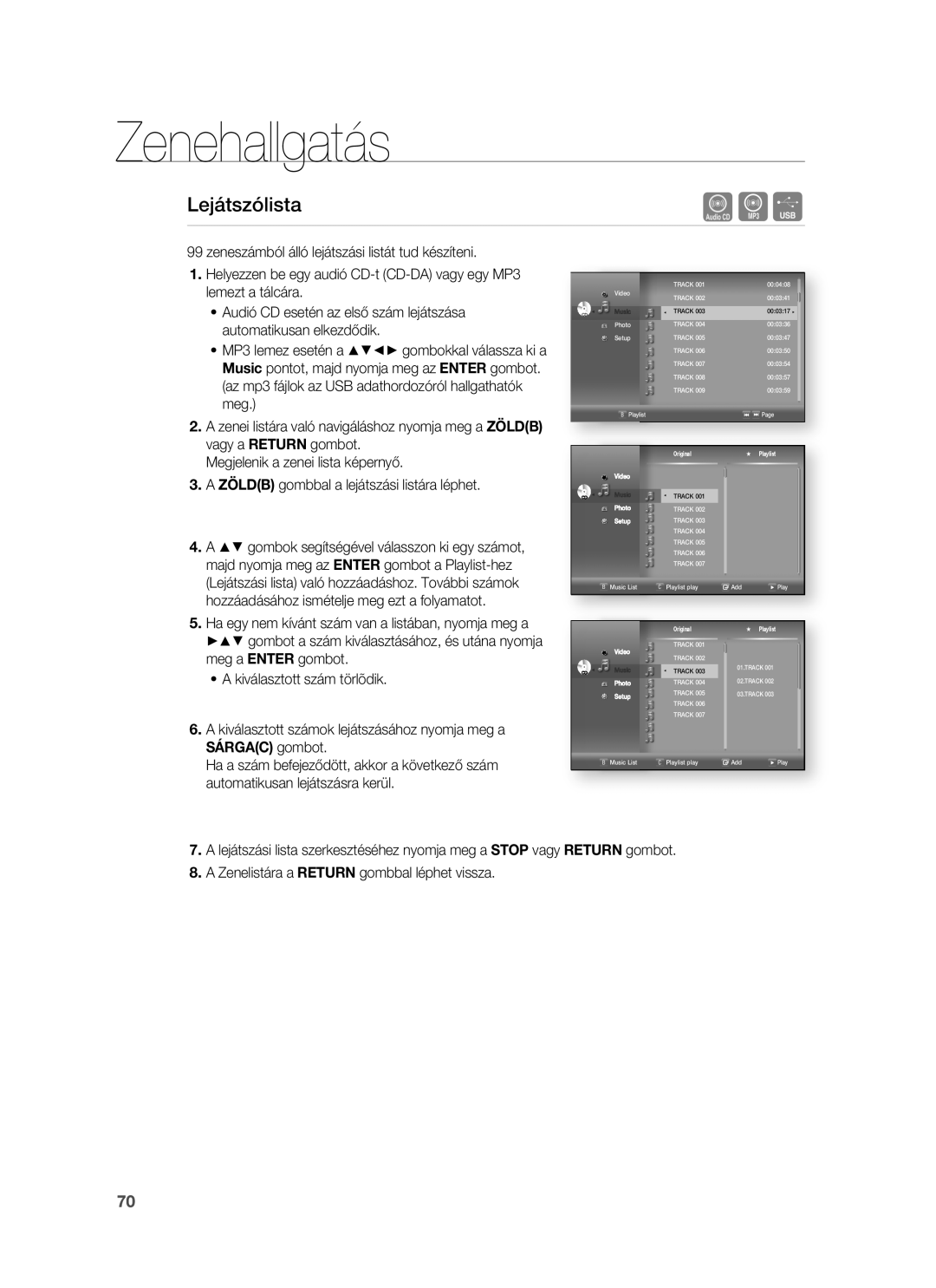 Samsung HT-BD1250R/XEE, HT-BD1255R/EDC, HT-BD1252R/EDC, HT-BD1250R/XET, HT-BD1250R/EDC manual Lejátszólista, Sárgac gombot 