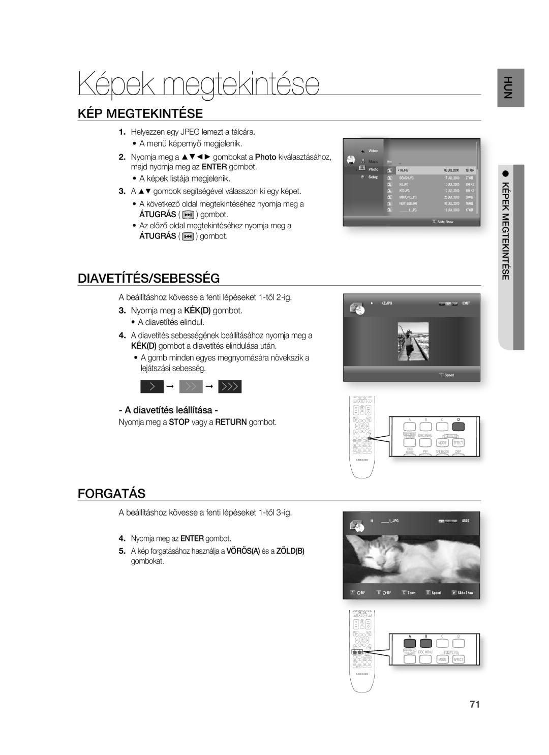 Samsung HT-BD1252R/XEE manual Képek megtekintése, KÉP Megtekintése, Diavetítés/Sebesség, Forgatás, Diavetítés leállítása 