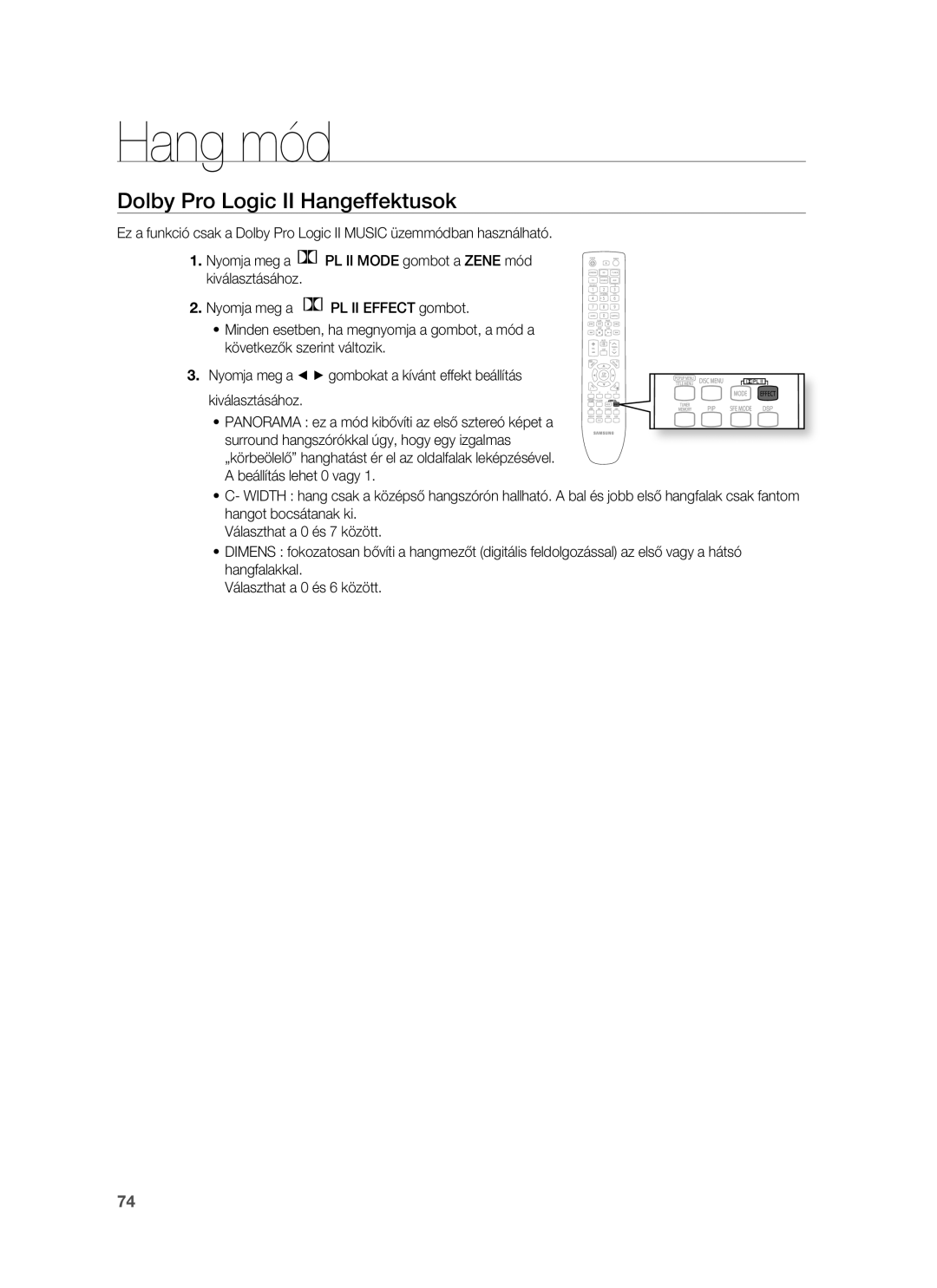 Samsung HT-BD1250R/XET, HT-BD1255R/EDC, HT-BD1252R/EDC, HT-BD1250R/EDC, HT-BD1255R/XET manual Dolby Pro Logic II Hangeffektusok 