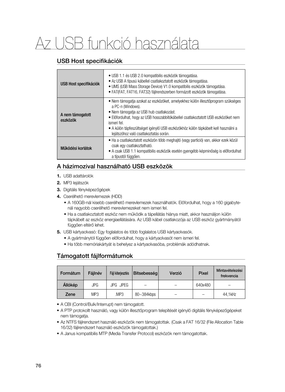 Samsung HT-BD1255R/XET manual USB Host speciﬁkációk, Házimozival használható USB eszközök, Támogatott fájlformátumok 