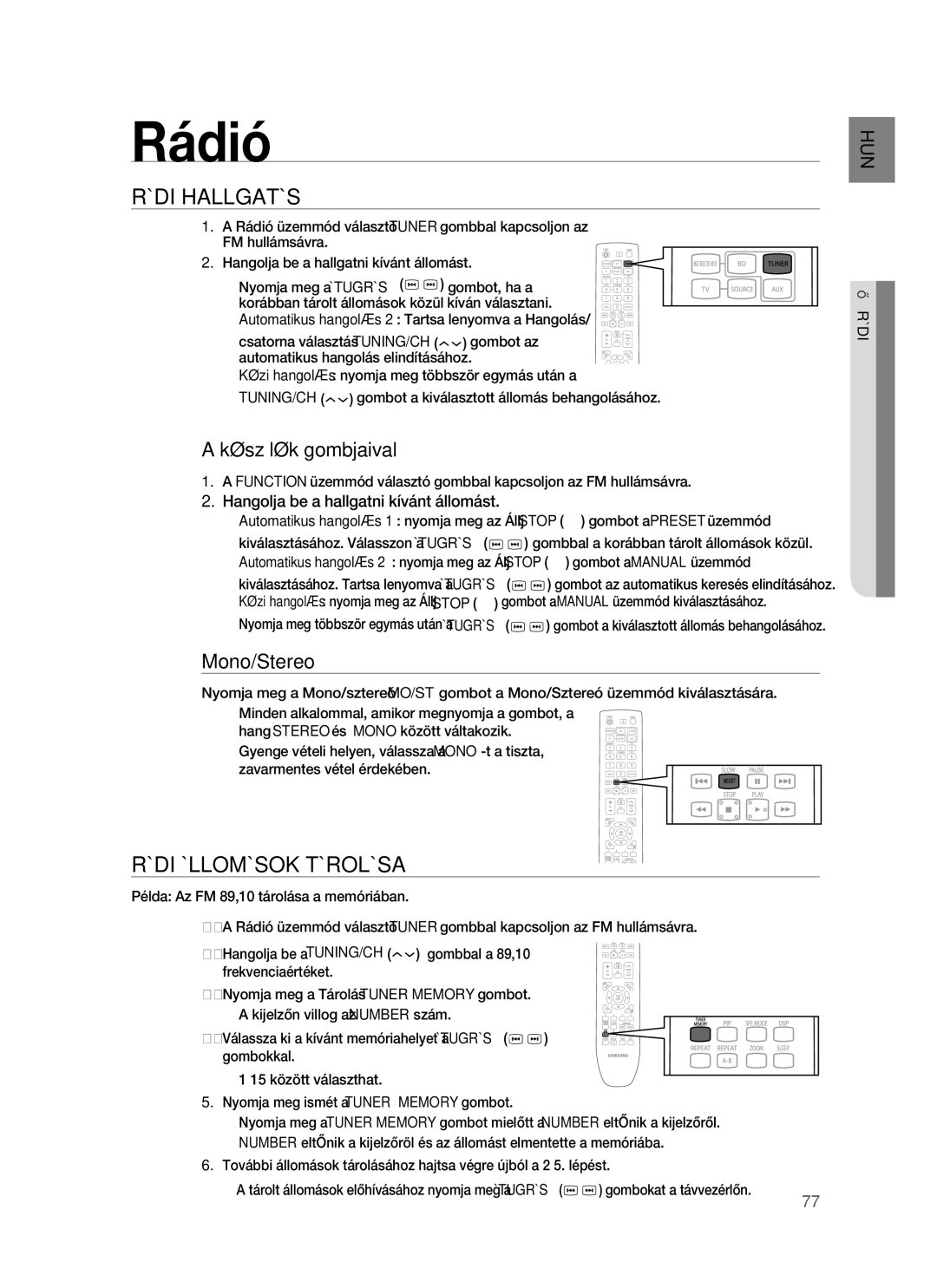 Samsung HT-BD1255R/XEE, HT-BD1255R/EDC manual Rádióhallgatás, Rádióállomások Tárolása, Készülék gombjaival, Mono/Stereo 