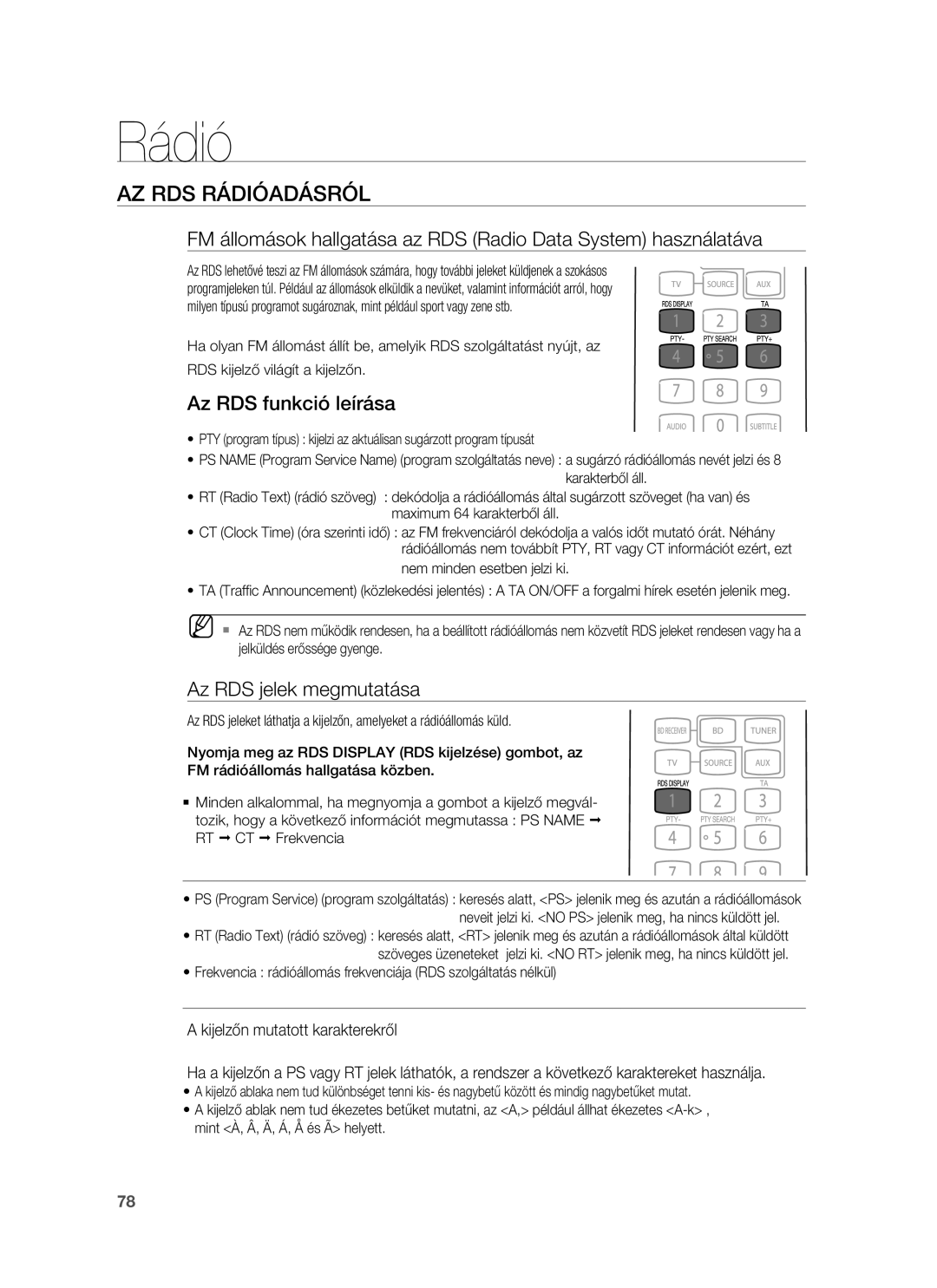 Samsung HT-BD1250R/XEE, HT-BD1255R/EDC manual AZ RDS Rádióadásról, Az RDS funkció leírása, Az RDS jelek megmutatása 