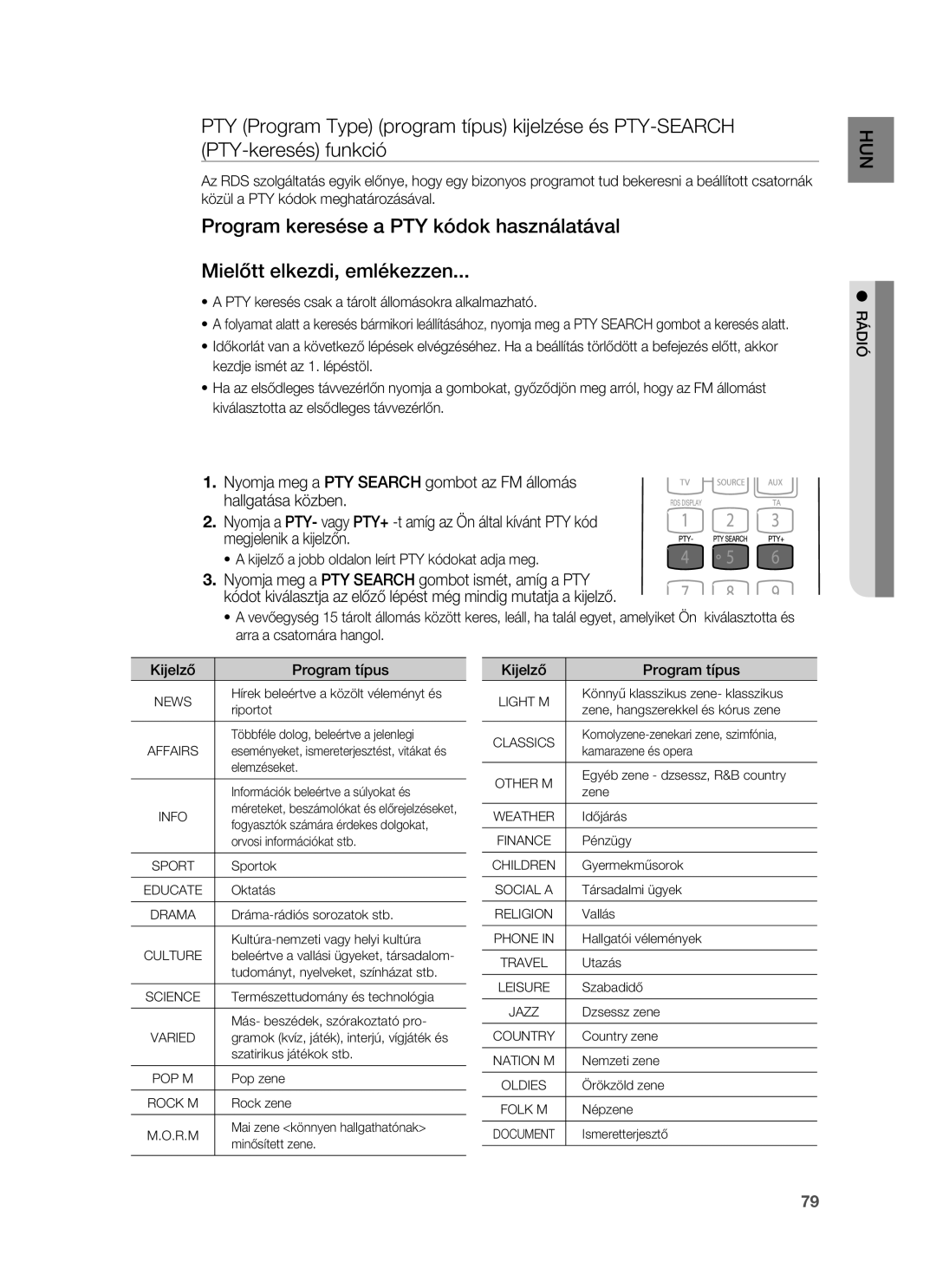 Samsung HT-BD1252R/XEE, HT-BD1255R/EDC manual PTY keresés csak a tárolt állomásokra alkalmazható, Kijelző Program típus 