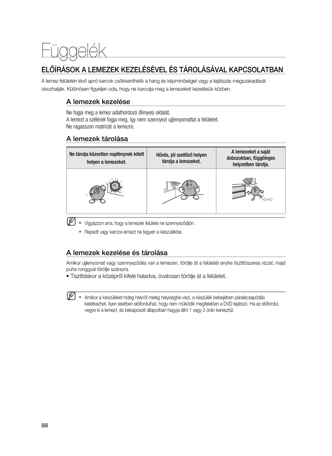 Samsung HT-BD1255R/EDC manual Függelék, Előírások a Lemezek Kezelésével ÉS Tárolásával Kapcsolatban, Lemezek kezelése 