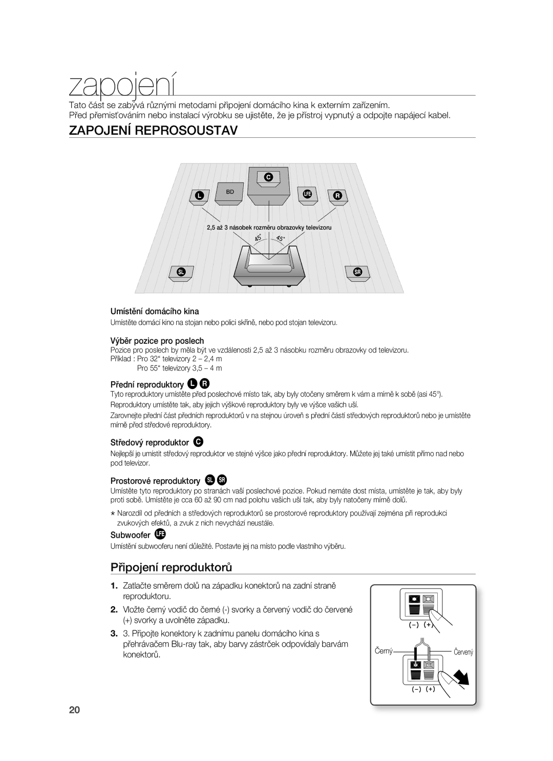 Samsung HT-BD1255R/EDC, HT-BD1252R/EDC, HT-BD1250R/XET, HT-BD1250R/EDC Zapojení Reprosoustav, Připojení reproduktorů 