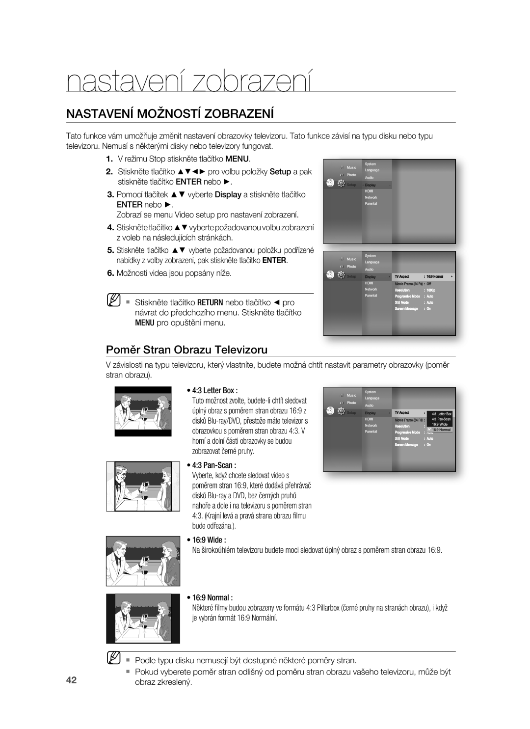 Samsung HT-BD1250R/XET manual Nastavení zobrazení, Nastavení Možností Zobrazení, Poměr Stran Obrazu Televizoru, Letter Box 