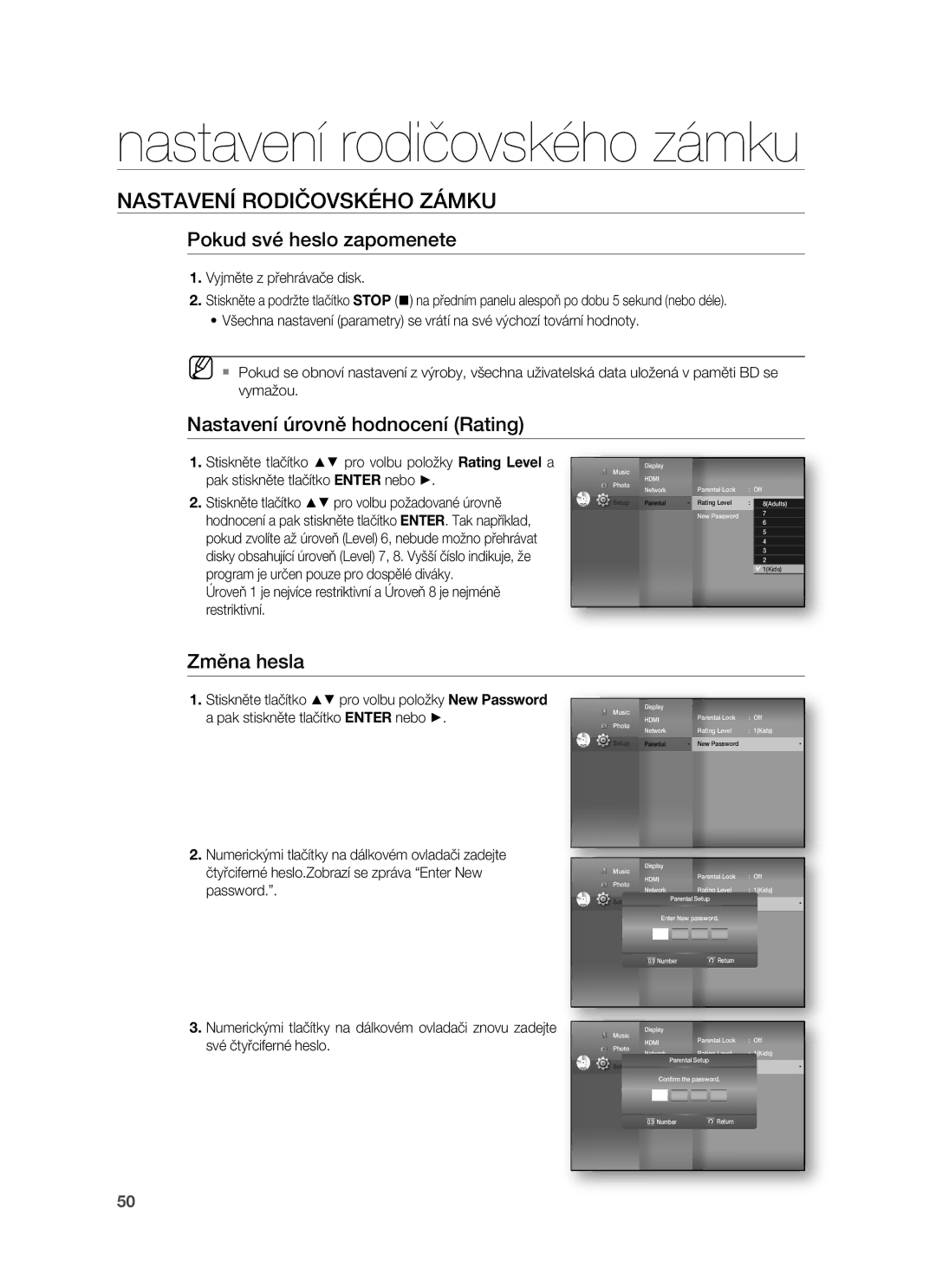 Samsung HT-BD1255R/EDC manual Nastavení rodičovského zámku, Pokud své heslo zapomenete, Nastavení úrovně hodnocení Rating 