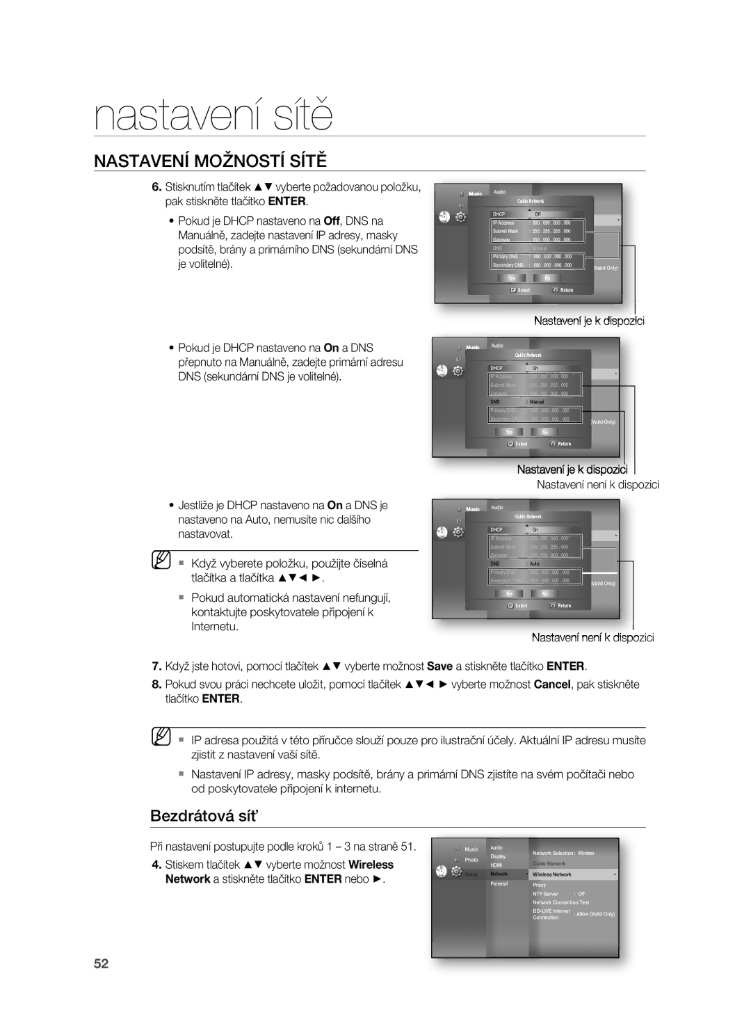 Samsung HT-BD1250R/XET, HT-BD1255R/EDC, HT-BD1252R/EDC, HT-BD1250R/EDC, HT-BD1255R/XET manual Bezdrátová síť, Dns 