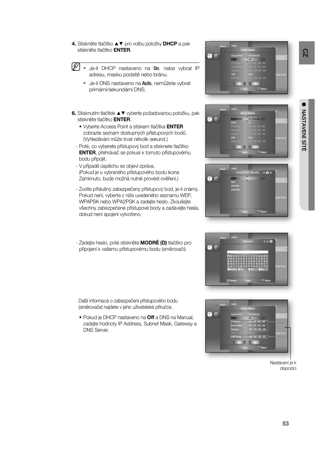 Samsung HT-BD1250R/EDC, HT-BD1255R/EDC, HT-BD1252R/EDC, HT-BD1250R/XET, HT-BD1255R/XET manual Nastavení je k dispozici 