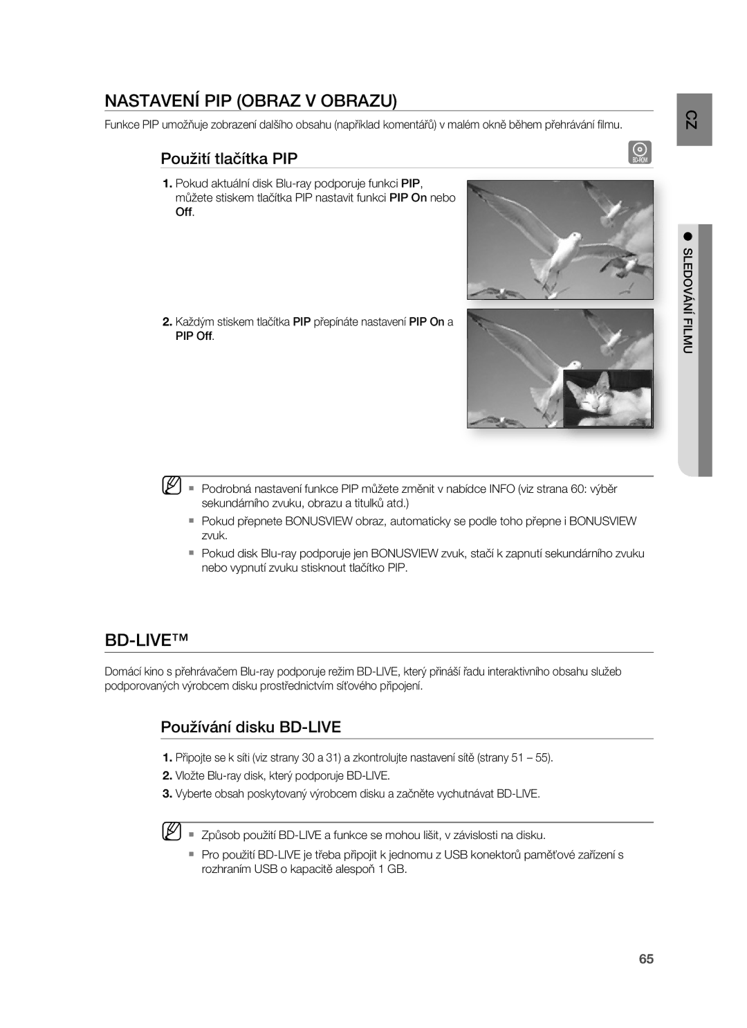 Samsung HT-BD1255R/EDC manual Nastavení PIP Obraz V Obrazu, Bd-Live, Použití tlačítka PIP, Používání disku BD-LIVE 