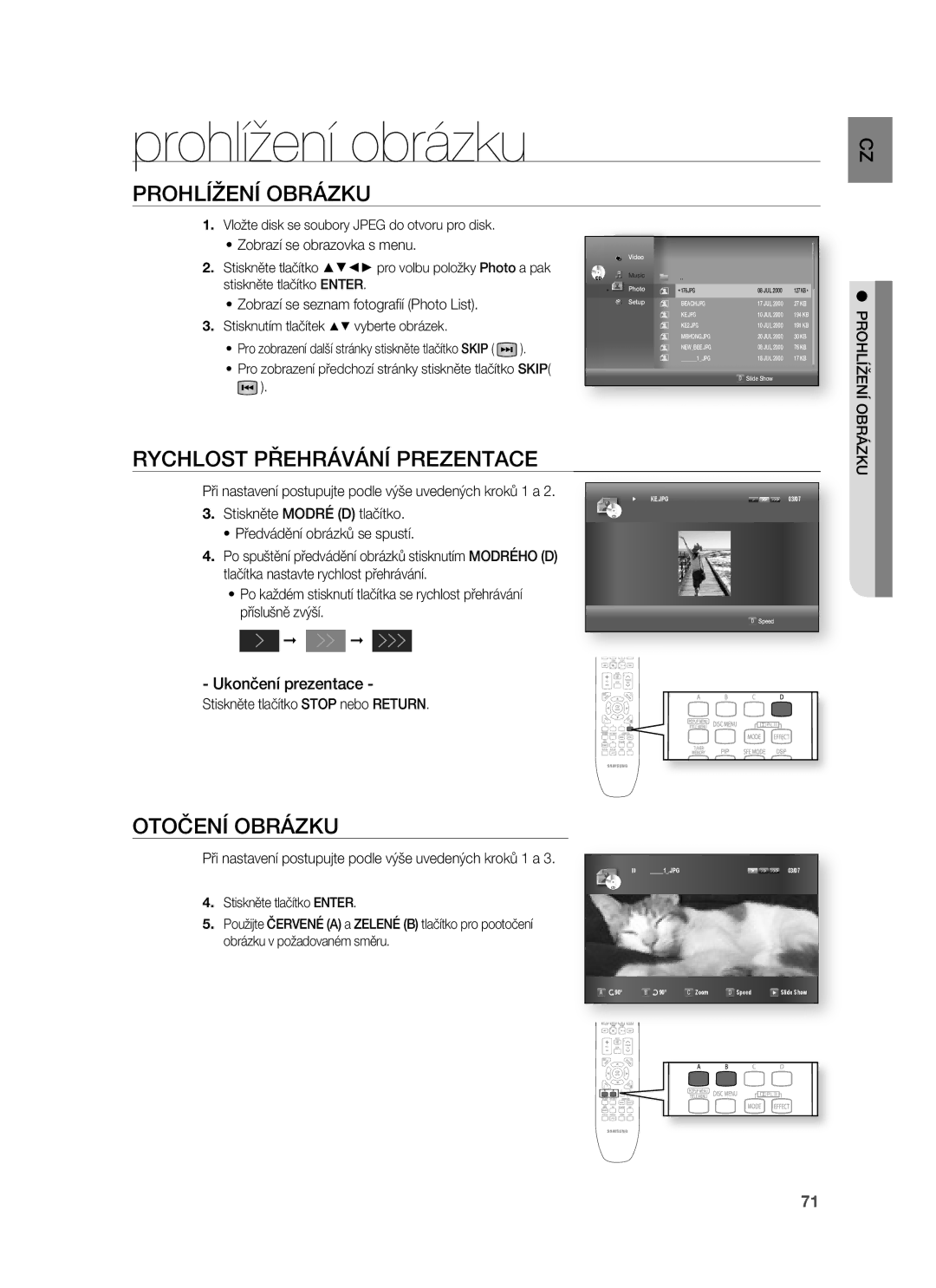 Samsung HT-BD1252R/EDC manual Prohlížení obrázku, Prohlížení Obrázku, Rychlost Přehrávání Prezentace, Otočení Obrázku 