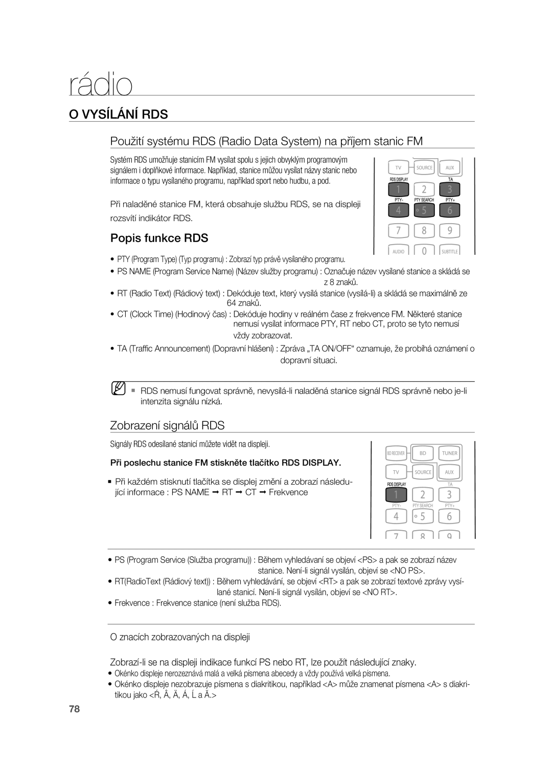 Samsung HT-BD1250R/EDC manual Vysílání RDS, Použití systému RDS Radio Data System na příjem stanic FM, Popis funkce RDS 