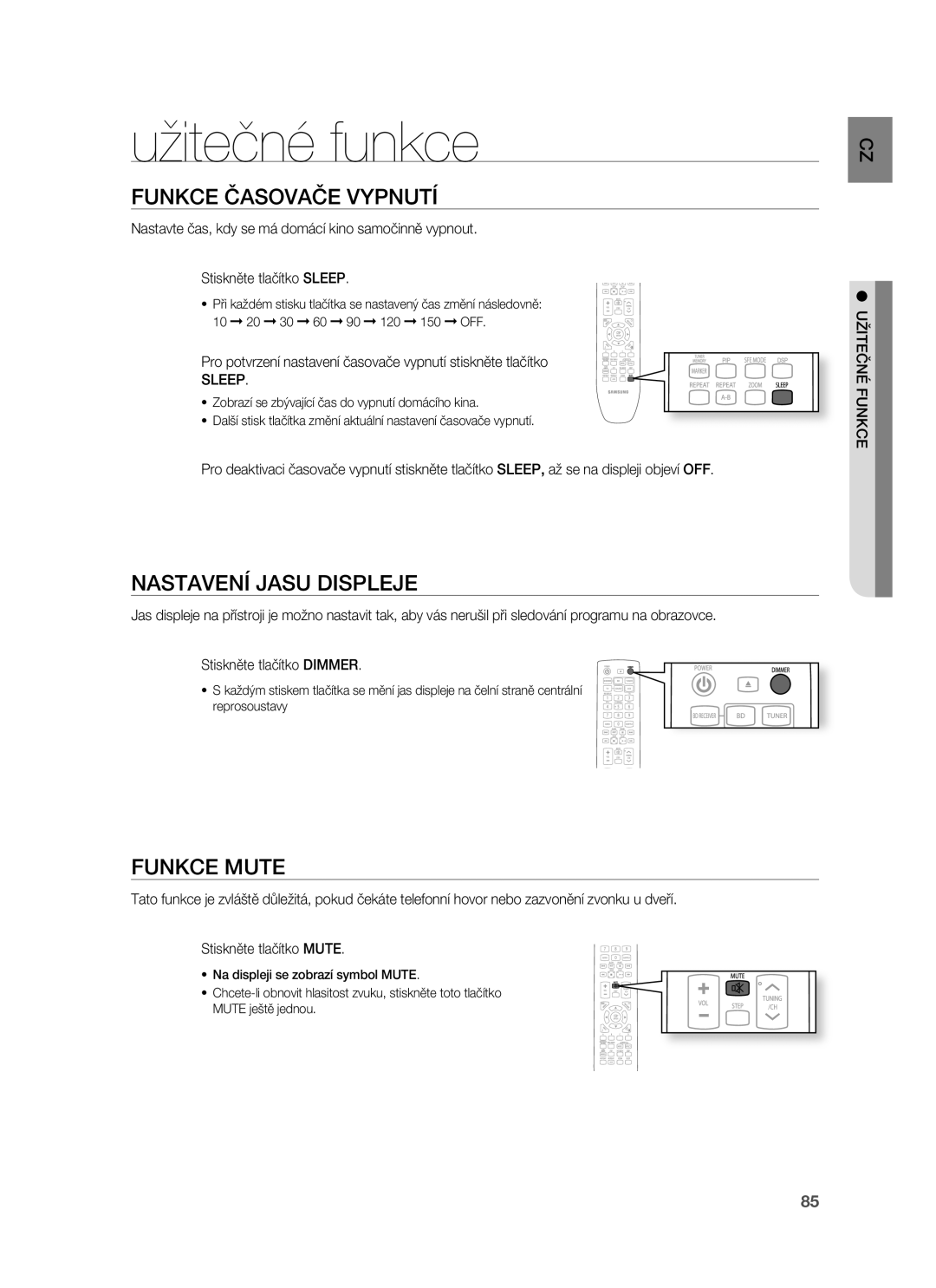 Samsung HT-BD1255R/EDC, HT-BD1252R/EDC manual Užitečné funkce, Funkce Časovače Vypnutí, Nastavení Jasu Displeje, Funkce Mute 