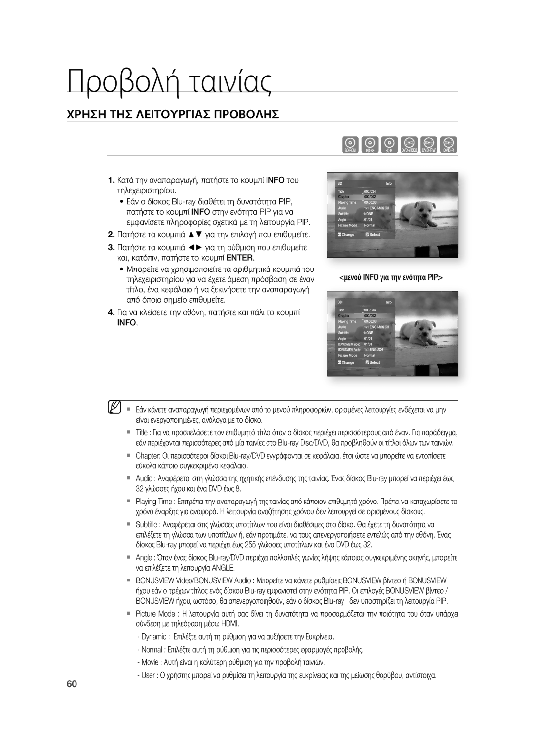 Samsung HT-BD1255R/EDC manual Προβολή ταινίας, Χρηση ΤΗΣ Λειτουργιασ Προβολησ, Μενού Info για την ενότητα PIP 