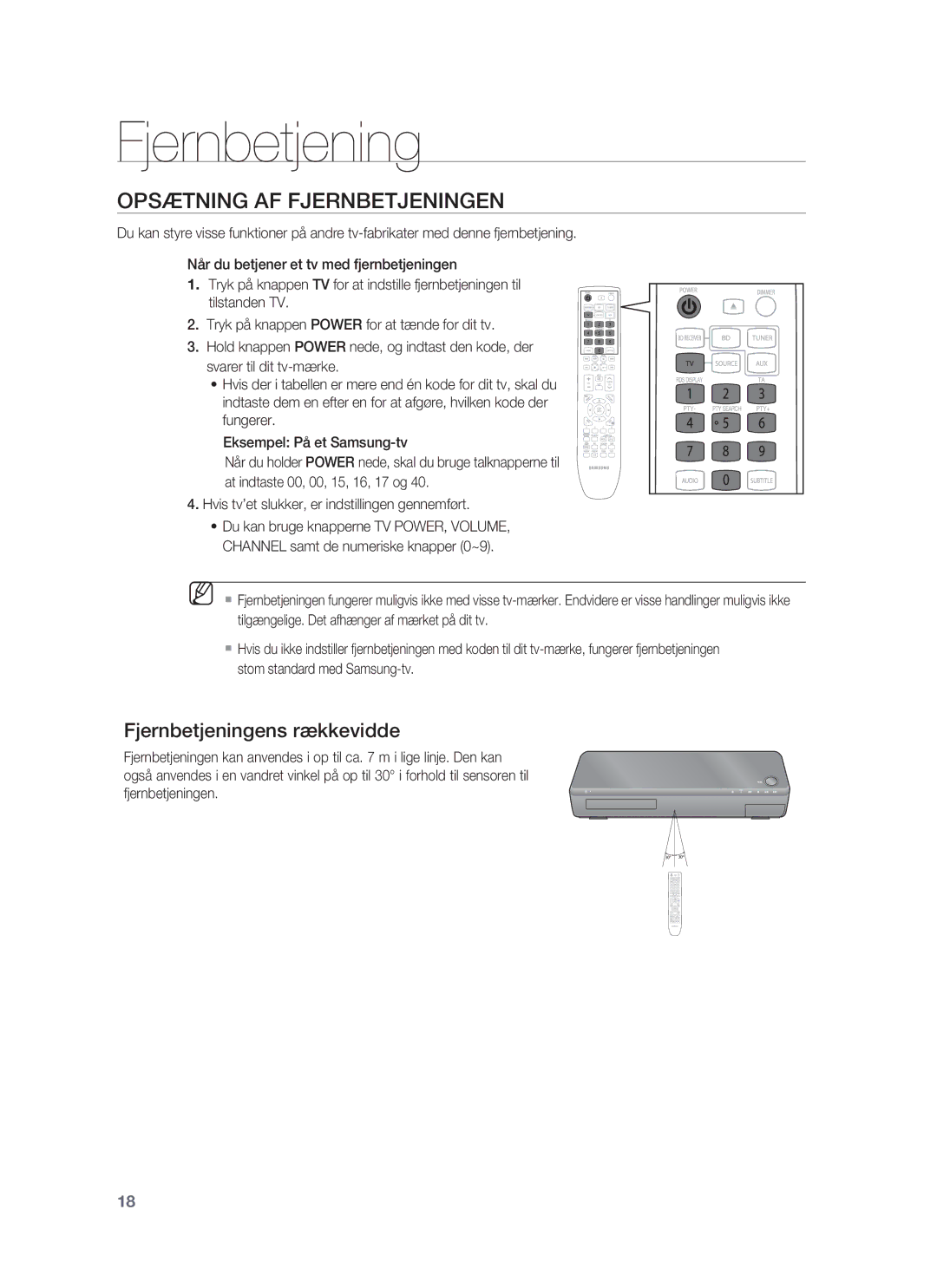 Samsung HT-BD1255R/XEE, HT-BD1250R/XEE, HT-BD1252R/XEE manual Opsætning AF Fjernbetjeningen, Fjernbetjeningens rækkevidde 