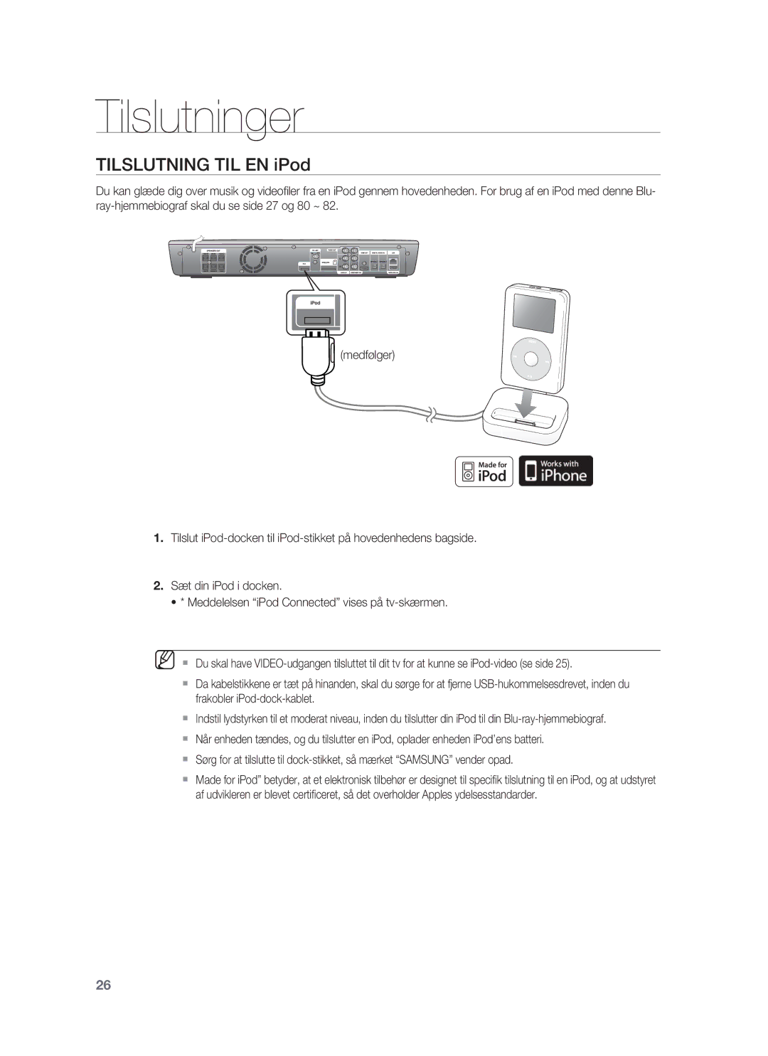 Samsung HT-BD1252R/XEE, HT-BD1255R/XEE, HT-BD1250R/XEE manual Tilslutning TIL EN iPod 