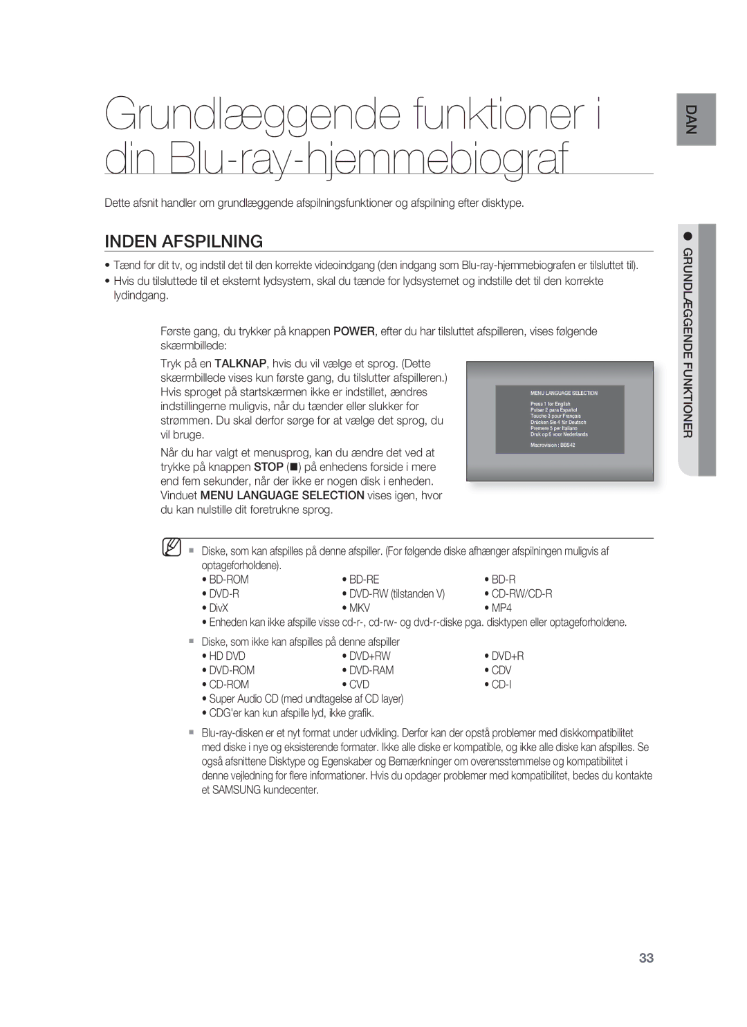 Samsung HT-BD1255R/XEE, HT-BD1250R/XEE, HT-BD1252R/XEE manual Inden Afspilning 