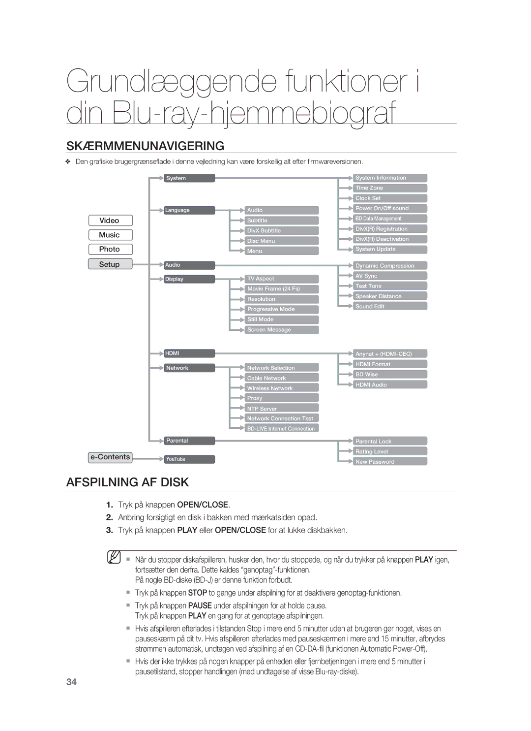 Samsung HT-BD1250R/XEE, HT-BD1255R/XEE manual Skærmmenunavigering, Afspilning AF Disk, Video Music Photo Setup, Contents 