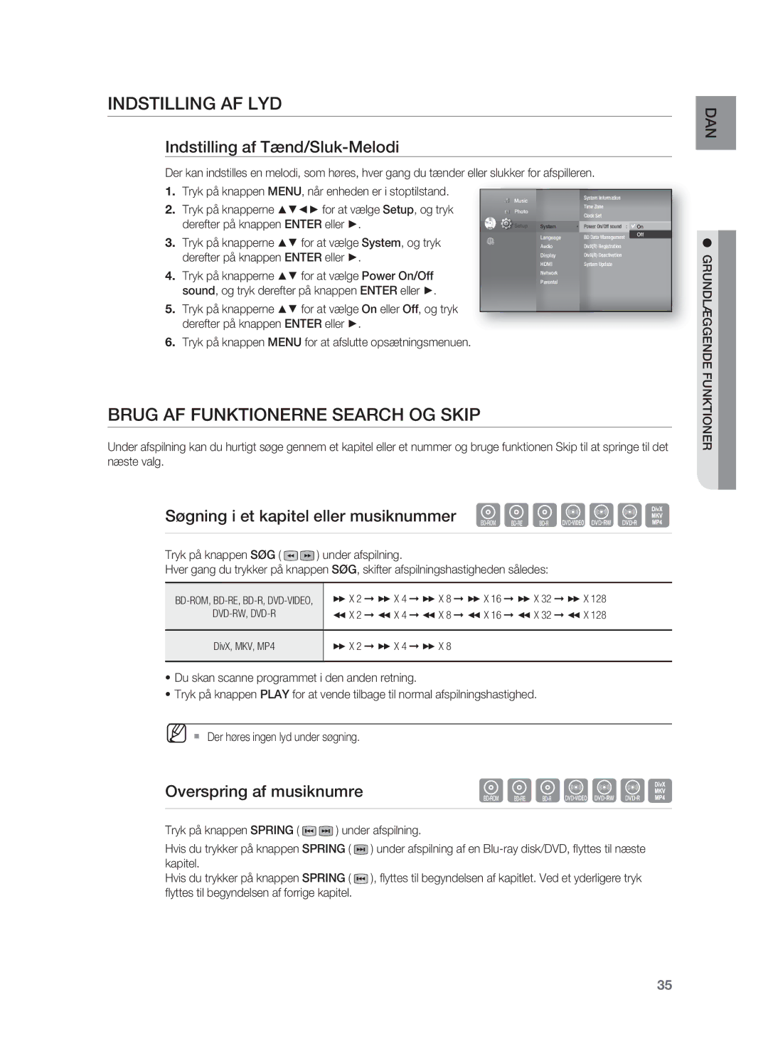 Samsung HT-BD1252R/XEE manual Indstilling AF LYD, Brug AF Funktionerne Search OG Skip, Indstilling af Tænd/Sluk-Melodi 