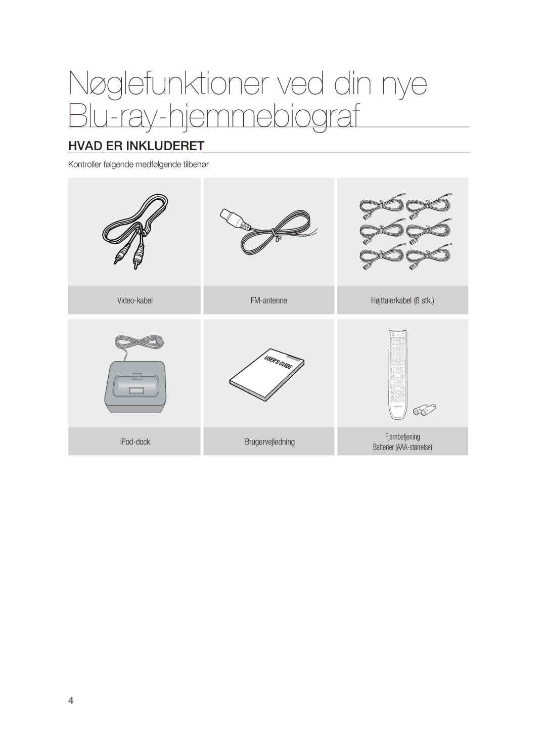 Samsung HT-BD1250R/XEE, HT-BD1255R/XEE, HT-BD1252R/XEE manual Hvad ER Inkluderet 