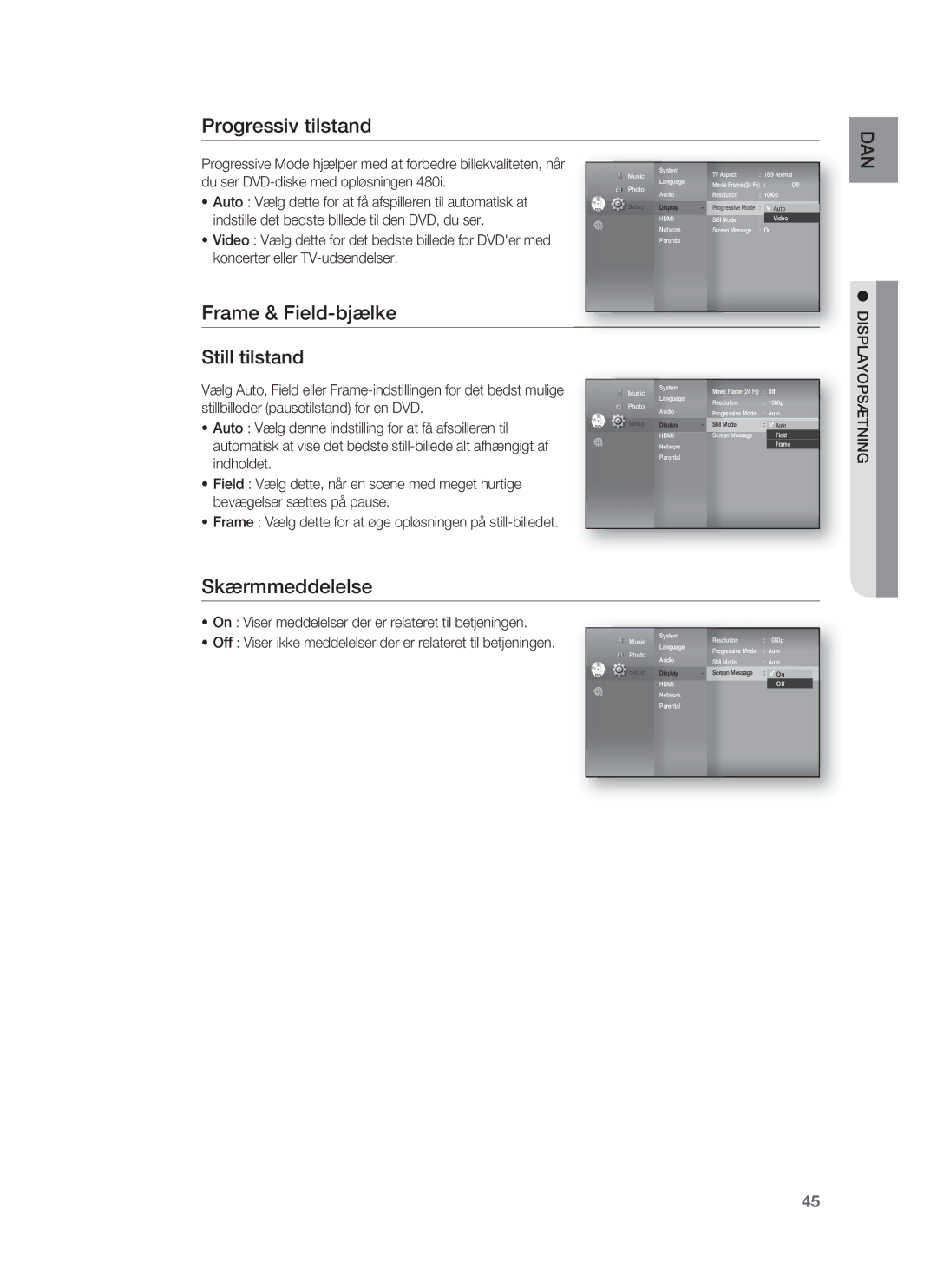 Samsung HT-BD1255R/XEE, HT-BD1250R/XEE manual Progressiv tilstand, Frame & Field-bjælke, Skærmmeddelelse, Displayopsætning 