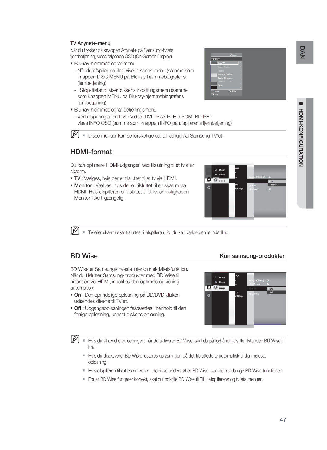 Samsung HT-BD1252R/XEE, HT-BD1255R/XEE, HT-BD1250R/XEE manual HDMI-format, BD Wise, Hdmi-Konfiguration 