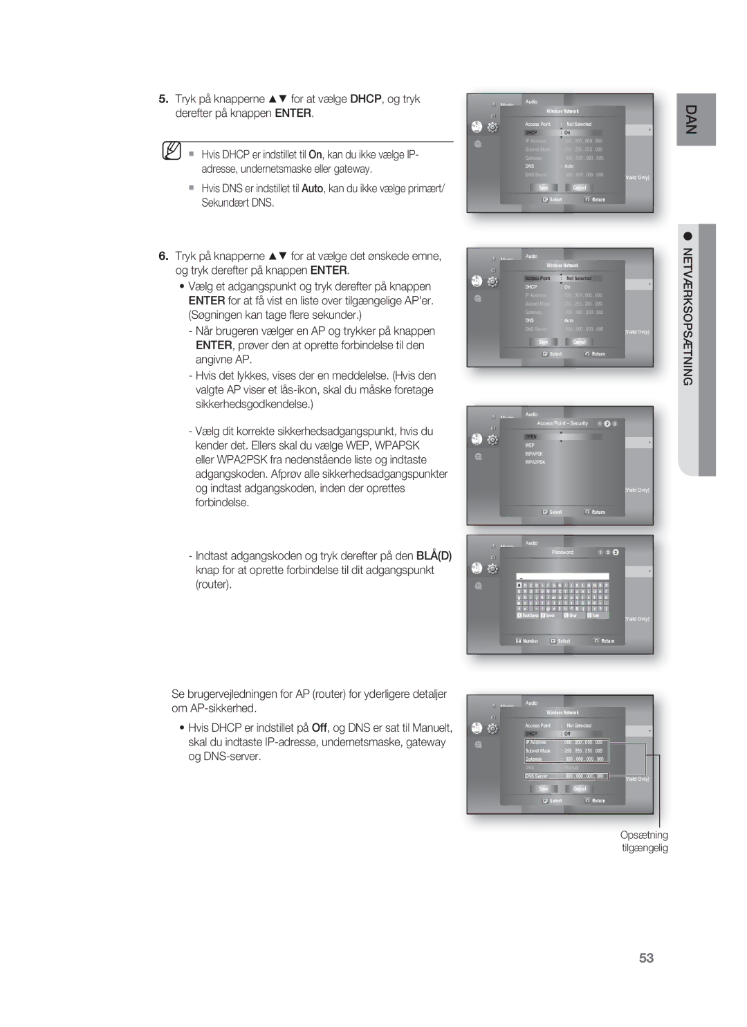 Samsung HT-BD1252R/XEE Og DNS-server, Hvis Dhcp er indstillet på Off, og DNS er sat til Manuelt, Opsætning Tilgængelig 