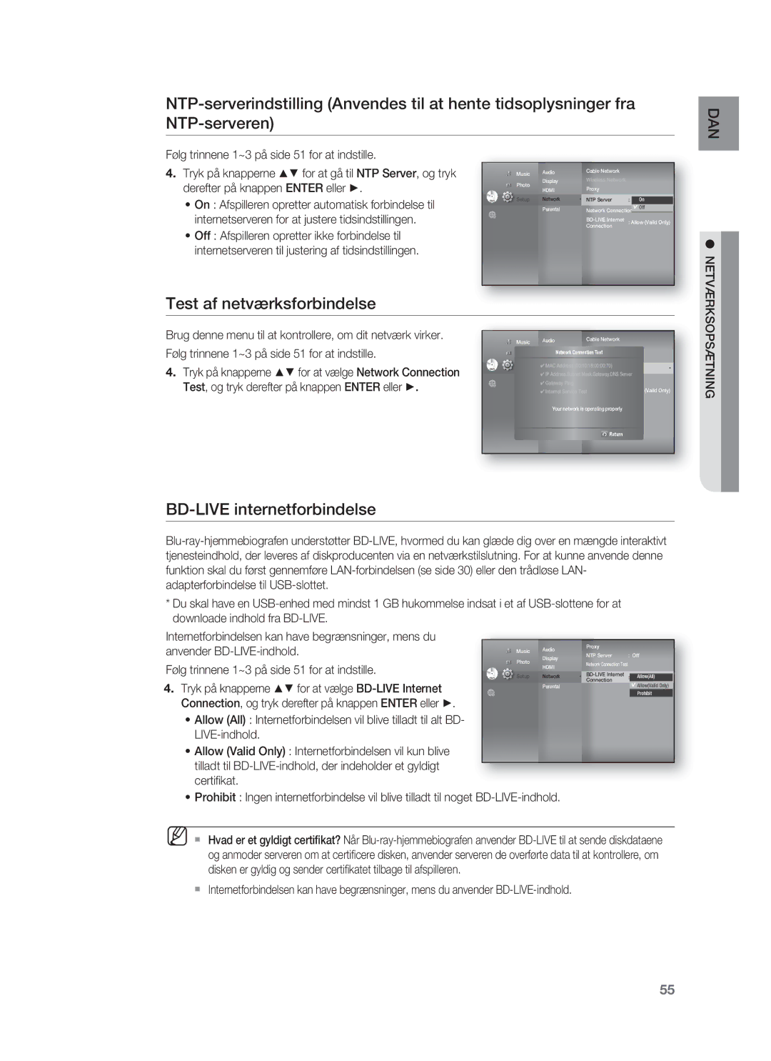 Samsung HT-BD1250R/XEE, HT-BD1255R/XEE, HT-BD1252R/XEE manual Test af netværksforbindelse, BD-LIVE internetforbindelse 