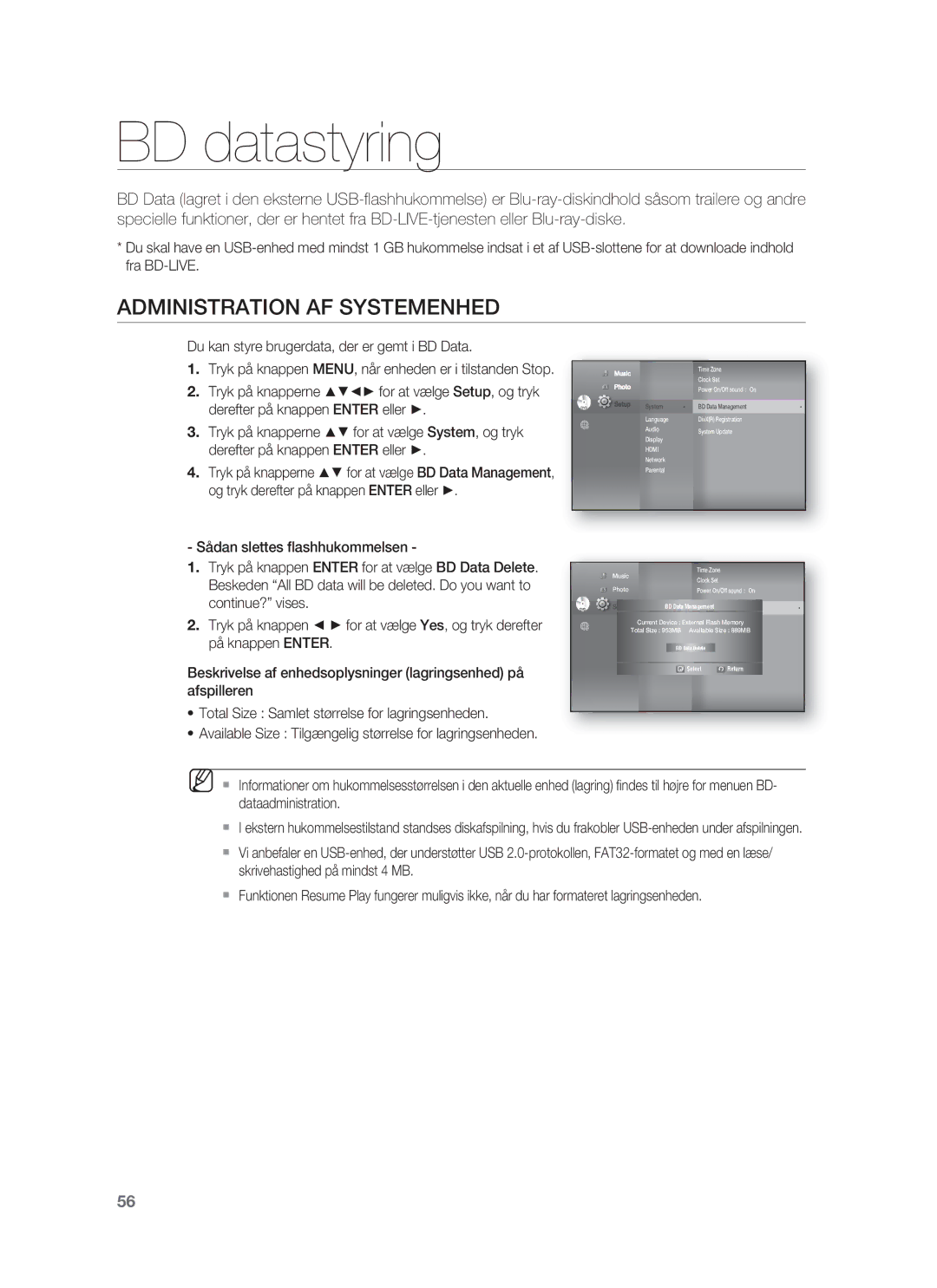 Samsung HT-BD1252R/XEE, HT-BD1255R/XEE, HT-BD1250R/XEE manual BD datastyring, Administration AF Systemenhed 