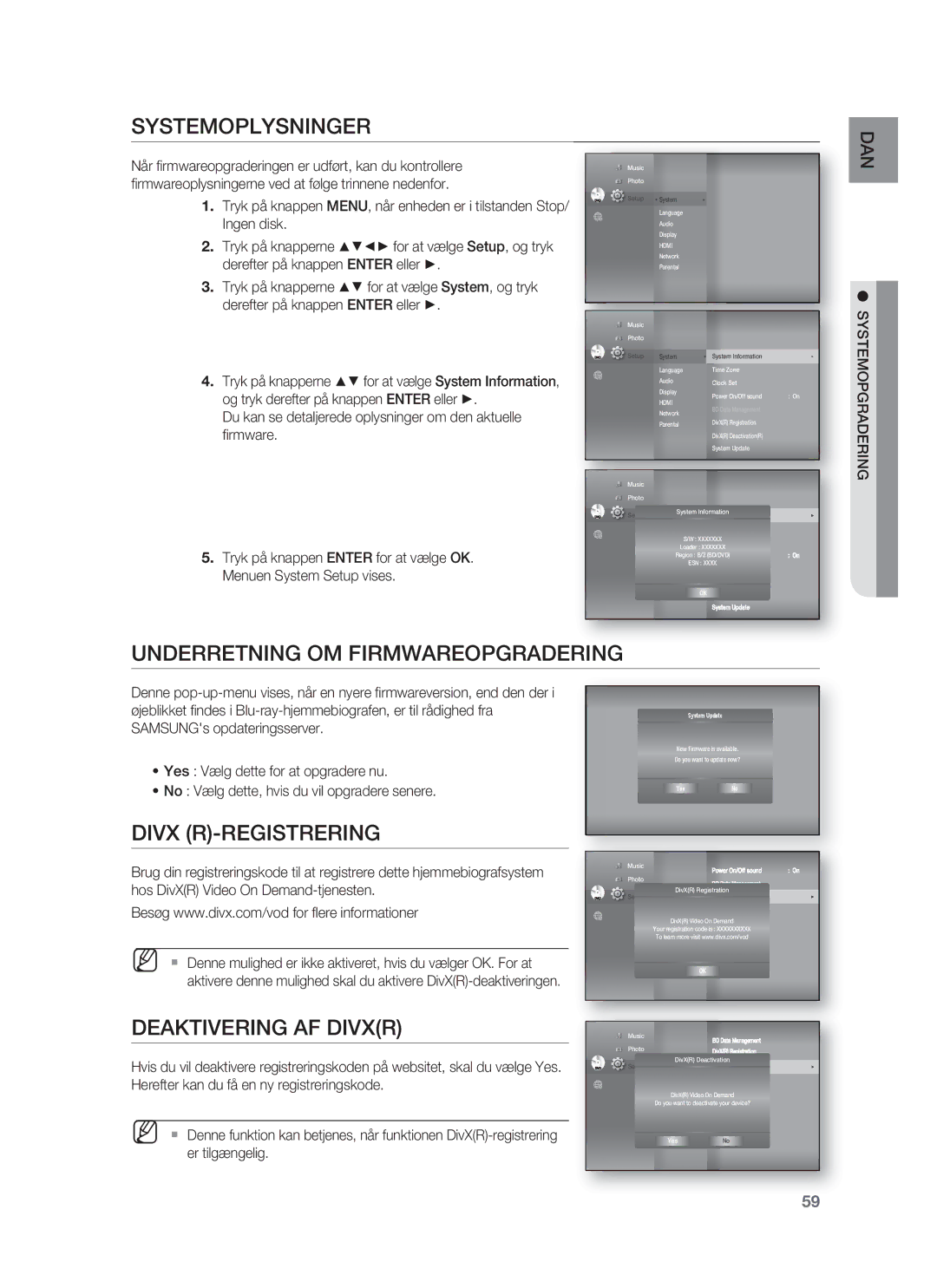 Samsung HT-BD1252R/XEE Systemoplysninger, Underretning OM Firmwareopgradering, Divx R-REGISTRERING, Deaktivering AF Divxr 