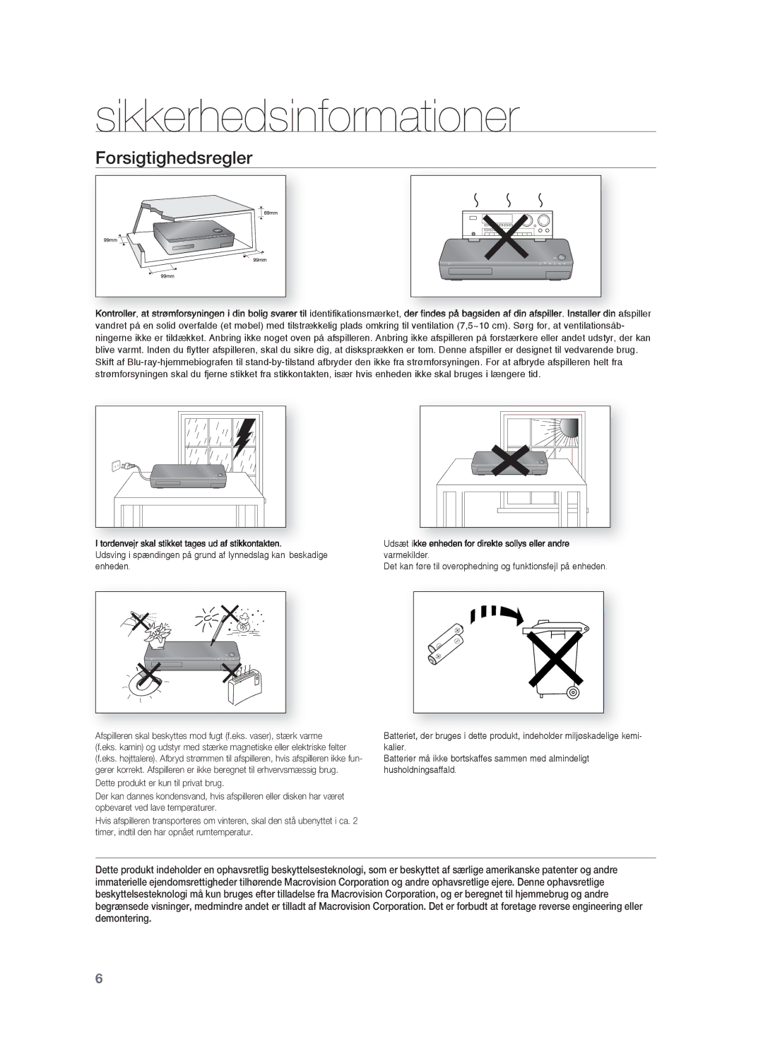 Samsung HT-BD1255R/XEE, HT-BD1250R/XEE, HT-BD1252R/XEE manual Forsigtighedsregler 