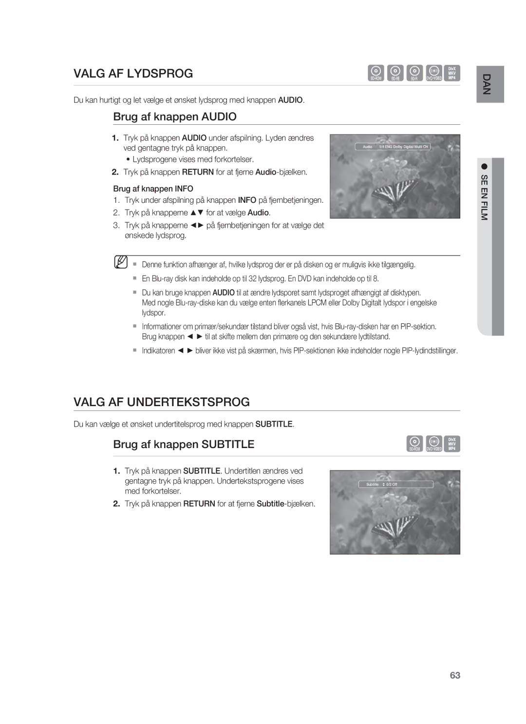 Samsung HT-BD1255R/XEE manual Valg AF Lydsprog, Valg AF Undertekstsprog, Brug af knappen Audio, Brug af knappen Subtitle 