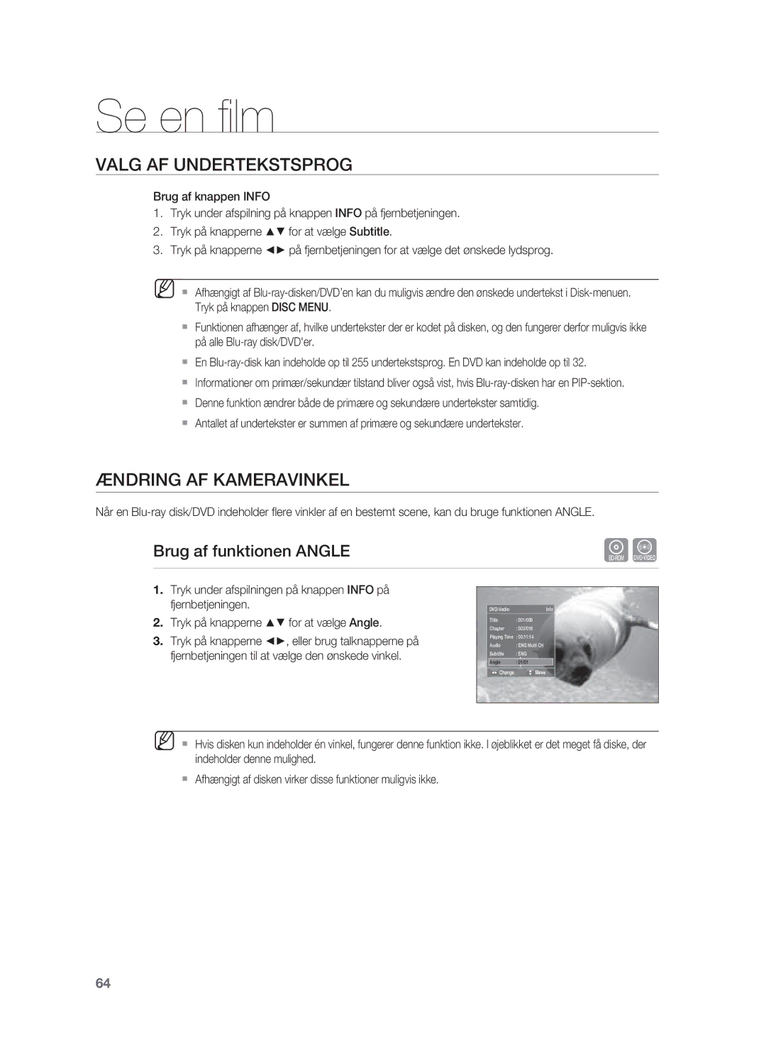 Samsung HT-BD1250R/XEE, HT-BD1255R/XEE, HT-BD1252R/XEE manual Ændring AF Kameravinkel, Brug af funktionen Angle 