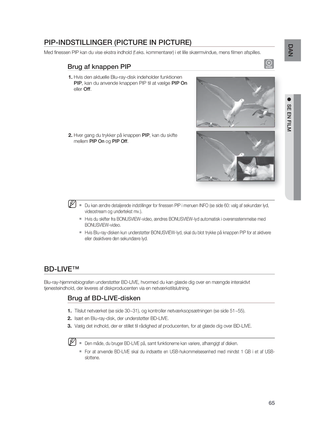 Samsung HT-BD1252R/XEE manual PIP-INDSTILLINGER Picture in Picture, Bd-Live, Brug af knappen PIP, Brug af BD-LIVE-disken 