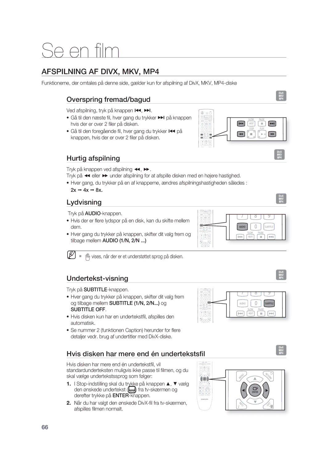 Samsung HT-BD1255R/XEE, HT-BD1250R/XEE, HT-BD1252R/XEE manual Afspilning AF DIVX, MKV, MP4 