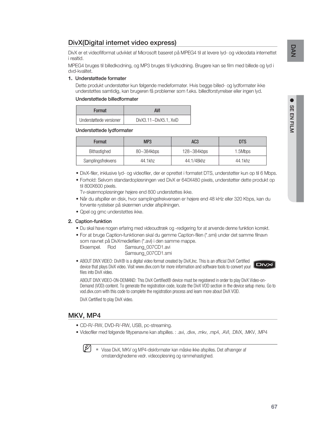 Samsung HT-BD1250R/XEE, HT-BD1255R/XEE, HT-BD1252R/XEE manual DivXDigital internet video express, Avi, Dts 