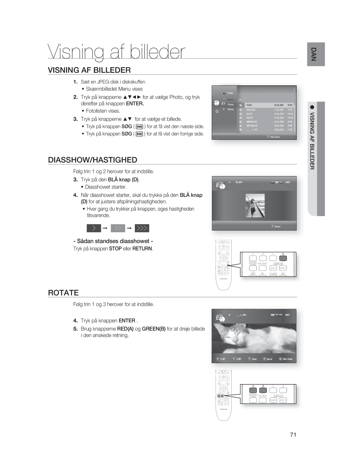 Samsung HT-BD1252R/XEE Visning af billeder, Visning AF Billeder, Diasshow/Hastighed, Rotate, Sådan standses diasshowet 