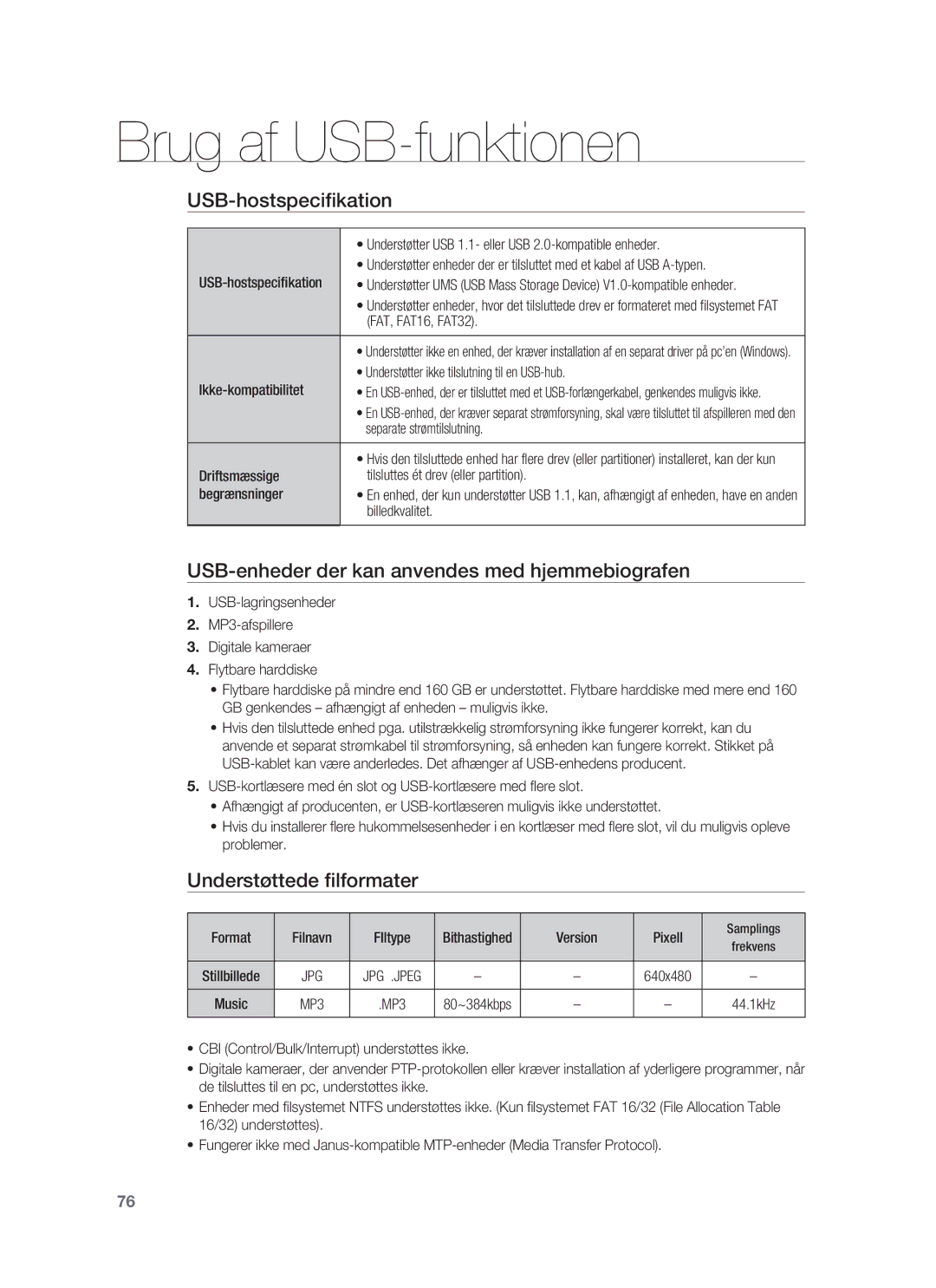 Samsung HT-BD1250R/XEE USB-hostspeciﬁkation, USB-enheder der kan anvendes med hjemmebiografen, Understøttede ﬁlformater 