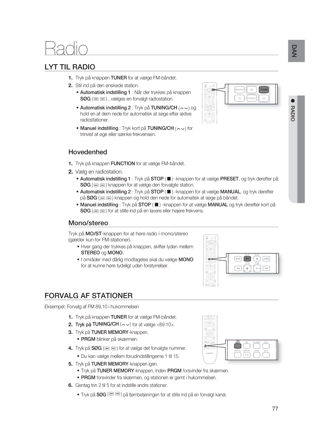 Samsung HT-BD1252R/XEE, HT-BD1255R/XEE, HT-BD1250R/XEE LYT TIL Radio, Forvalg AF Stationer, Hovedenhed, Mono/stereo 