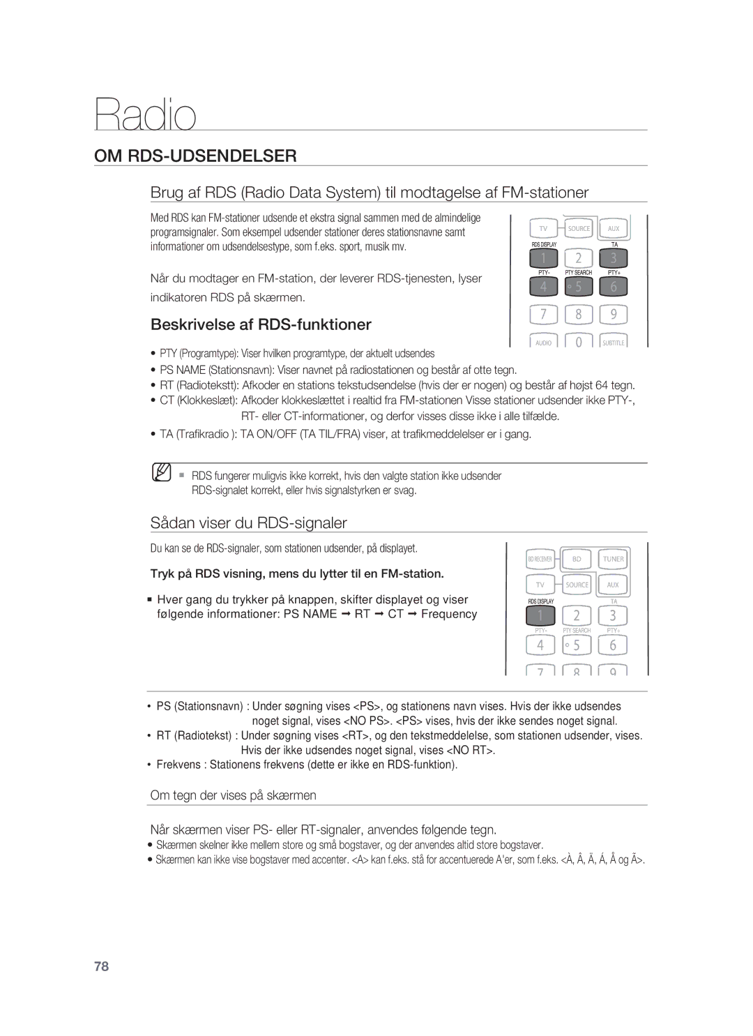 Samsung HT-BD1255R/XEE, HT-BD1250R/XEE manual Om Rds-Udsendelser, Beskrivelse af RDS-funktioner, Sådan viser du RDS-signaler 