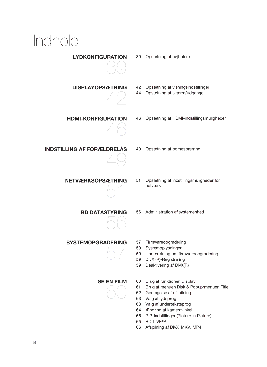 Samsung HT-BD1252R/XEE, HT-BD1255R/XEE manual Lydkonfiguration 39 Opsætning af højttalere, Afspilning af DivX, MKV, MP4 