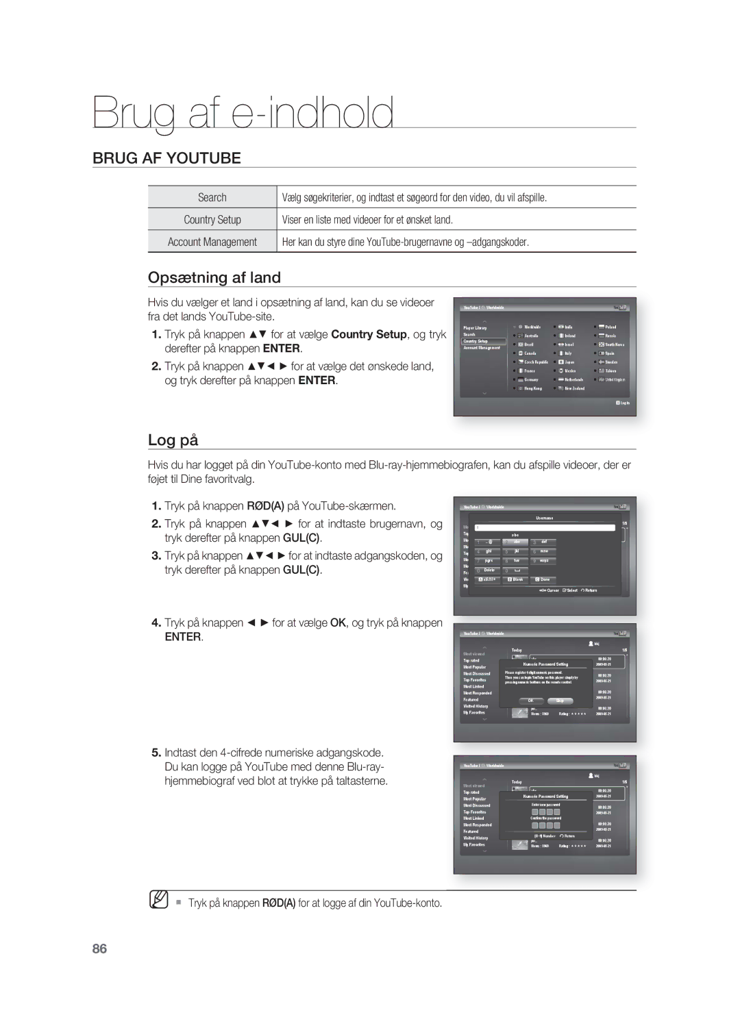 Samsung HT-BD1252R/XEE, HT-BD1255R/XEE, HT-BD1250R/XEE manual Brug af e-indhold, Opsætning af land, Log på 