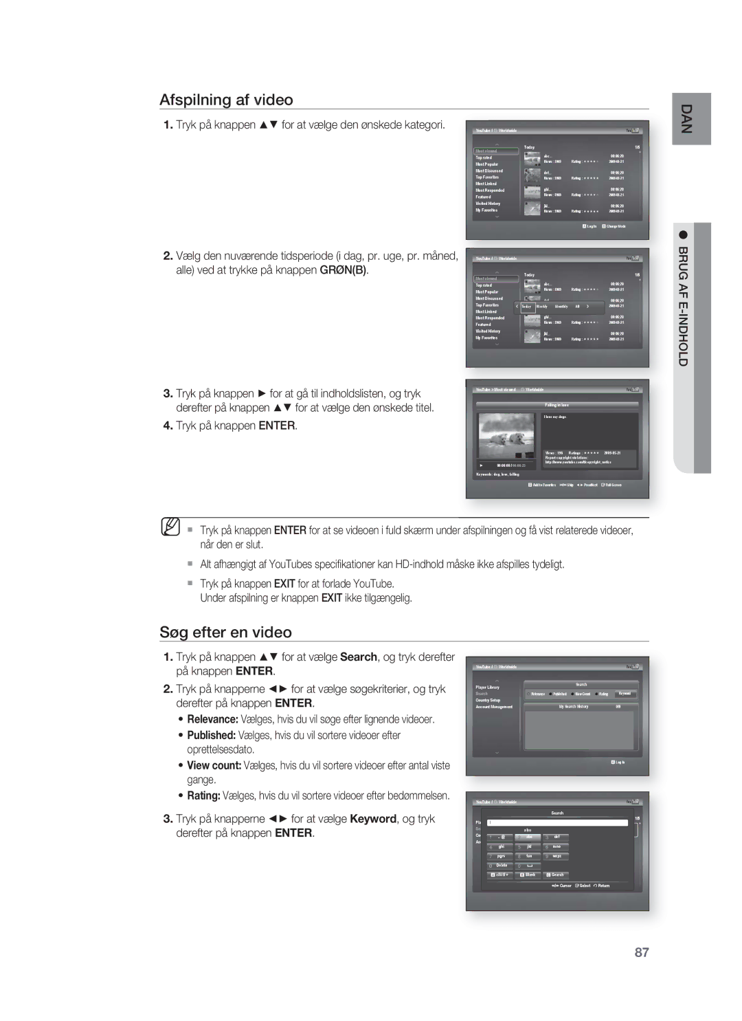 Samsung HT-BD1255R/XEE manual Afspilning af video, Søg efter en video, Tryk på knappen for at vælge den ønskede kategori 