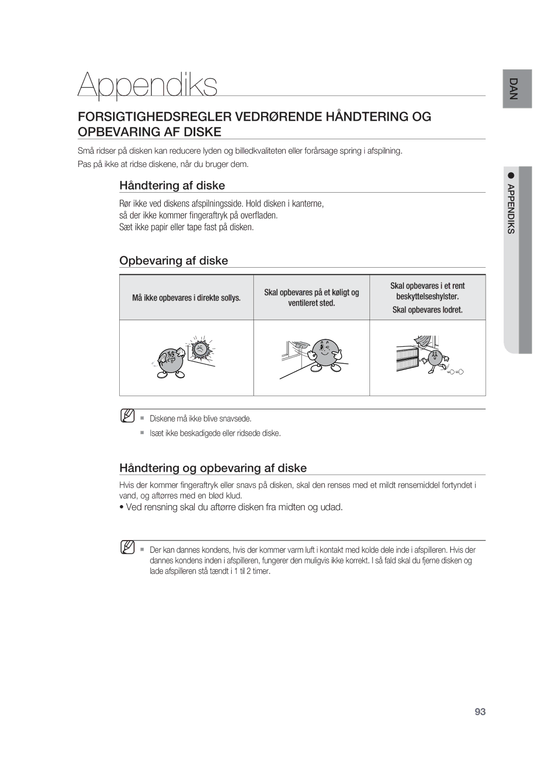 Samsung HT-BD1255R/XEE manual Appendiks, Håndtering af diske, Opbevaring af diske, Håndtering og opbevaring af diske 