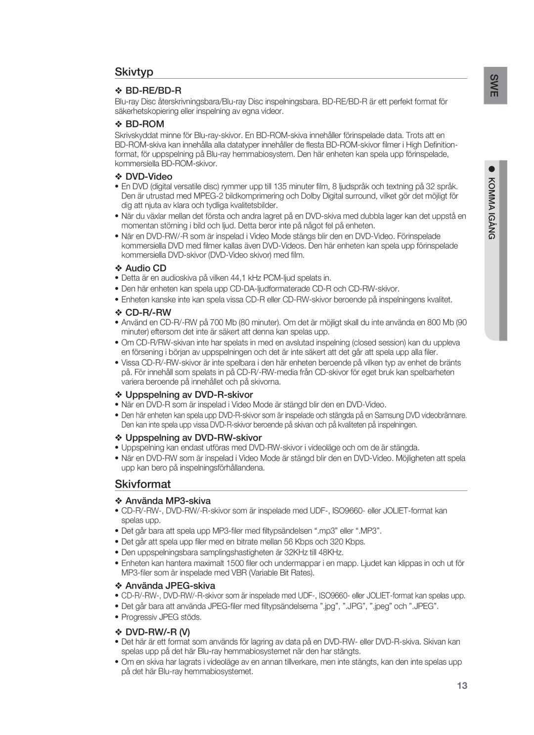 Samsung HT-BD1250R/XEE, HT-BD1255R/XEE, HT-BD1252R/XEE manual Skivtyp, Skivformat 