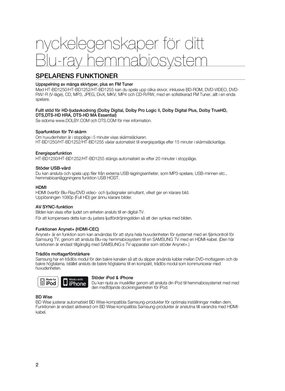 Samsung HT-BD1252R/XEE, HT-BD1255R/XEE, HT-BD1250R/XEE manual Nyckelegenskaper för ditt Blu-ray hemmabiosystem 