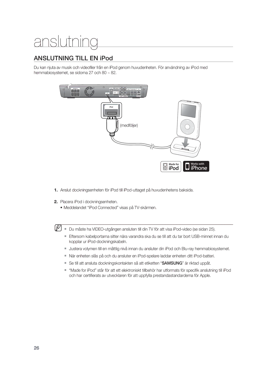 Samsung HT-BD1252R/XEE, HT-BD1255R/XEE, HT-BD1250R/XEE manual Anslutning Till EN iPod 