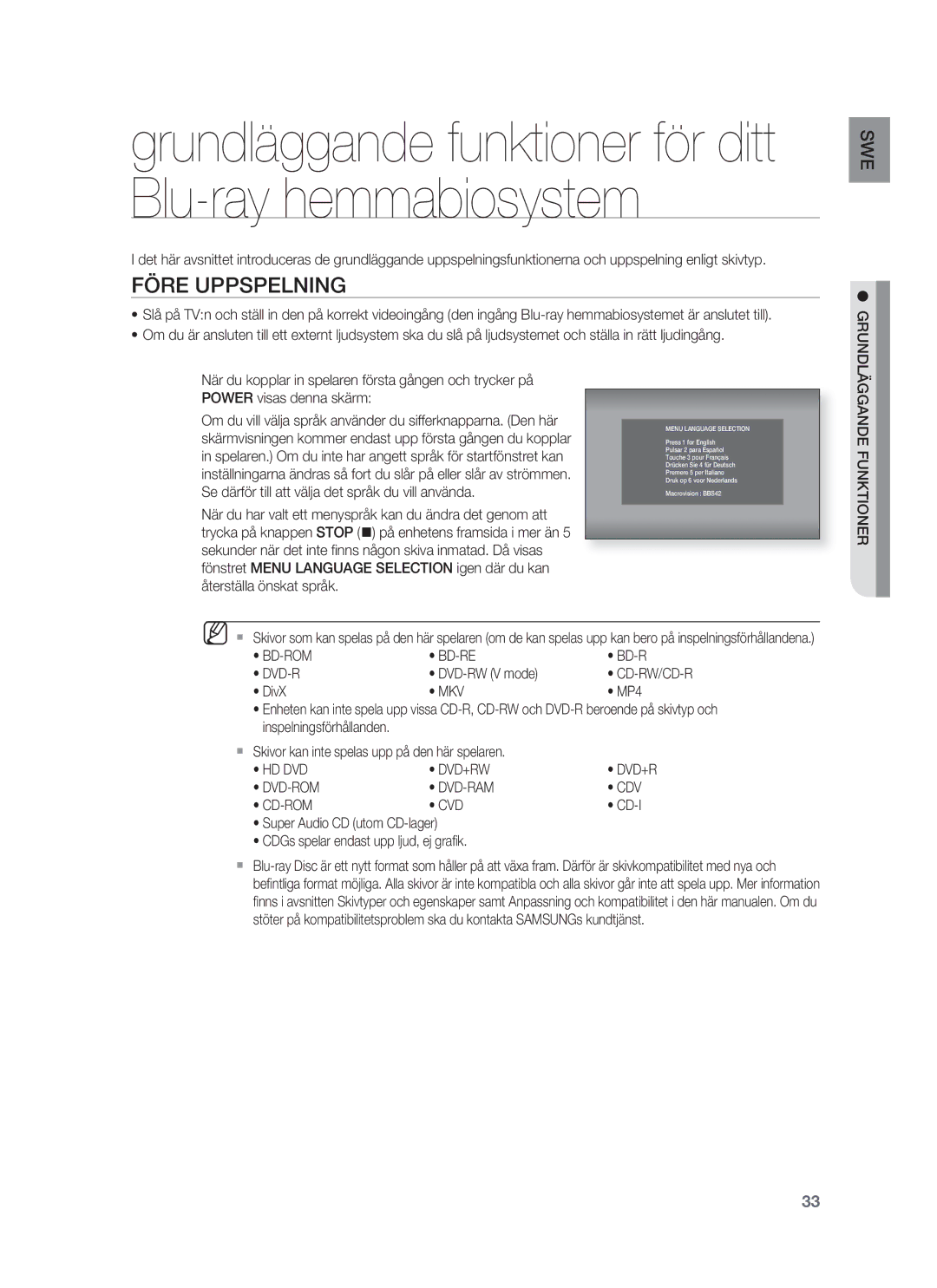 Samsung HT-BD1255R/XEE Före Uppspelning, Mkv, Hd Dvd Dvd+Rw, Dvd-Rom Dvd-Ram Cdv Cd-Rom Cvd, Grundläggande Funktioner 