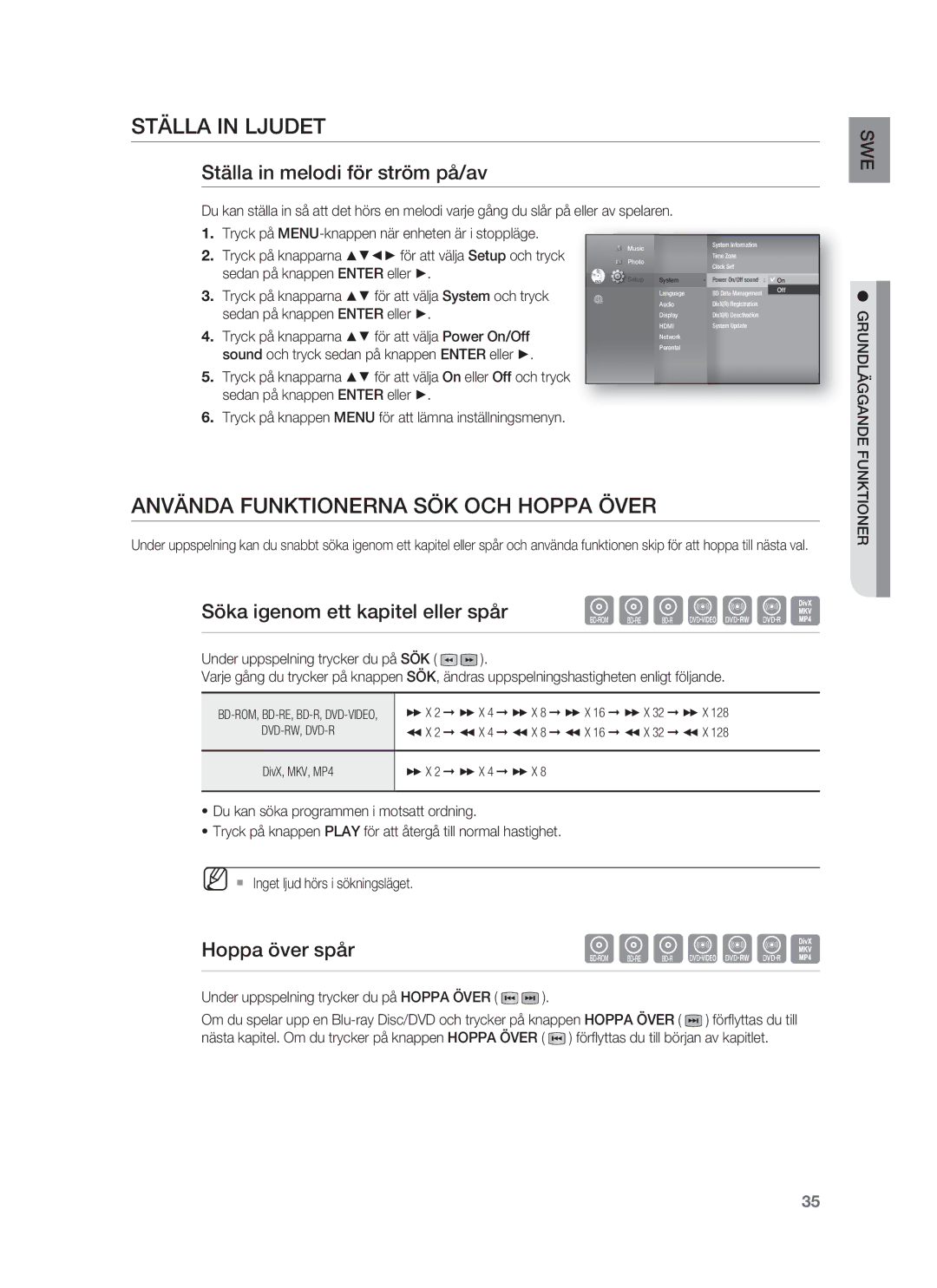 Samsung HT-BD1252R/XEE manual Ställa in Ljudet, Använda Funktionerna SÖK OCH Hoppa Över, Ställa in melodi för ström på/av 