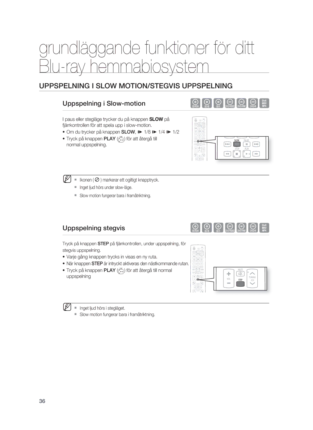 Samsung HT-BD1255R/XEE manual Uppspelning I Slow MOTION/STEGVIS Uppspelning, Uppspelning i Slow-motion, Uppspelning stegvis 